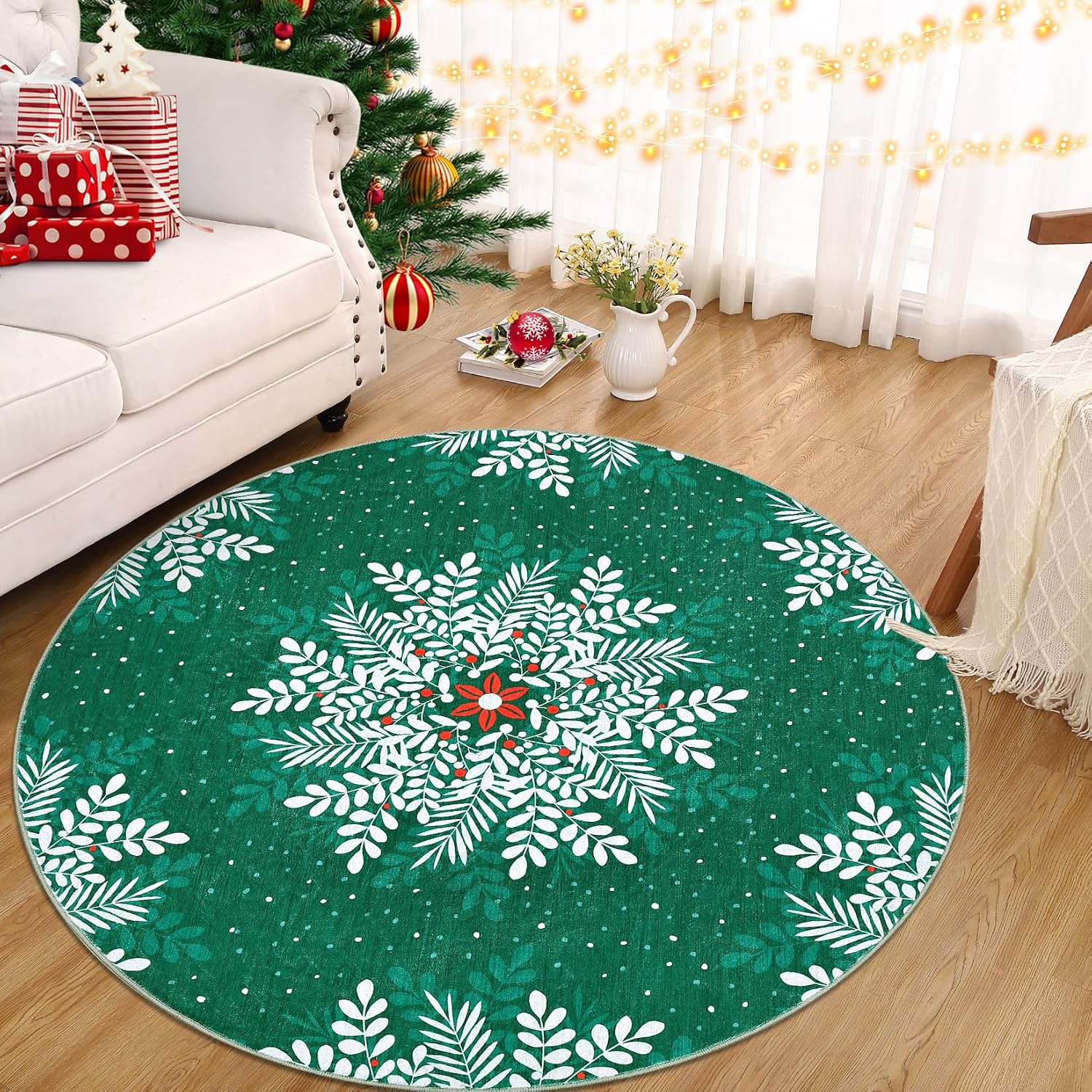Garvee - 4x4 Christmas Snowflake Washable Area Rug for Living Room Bedroom Soft Low Pile Large Ru...