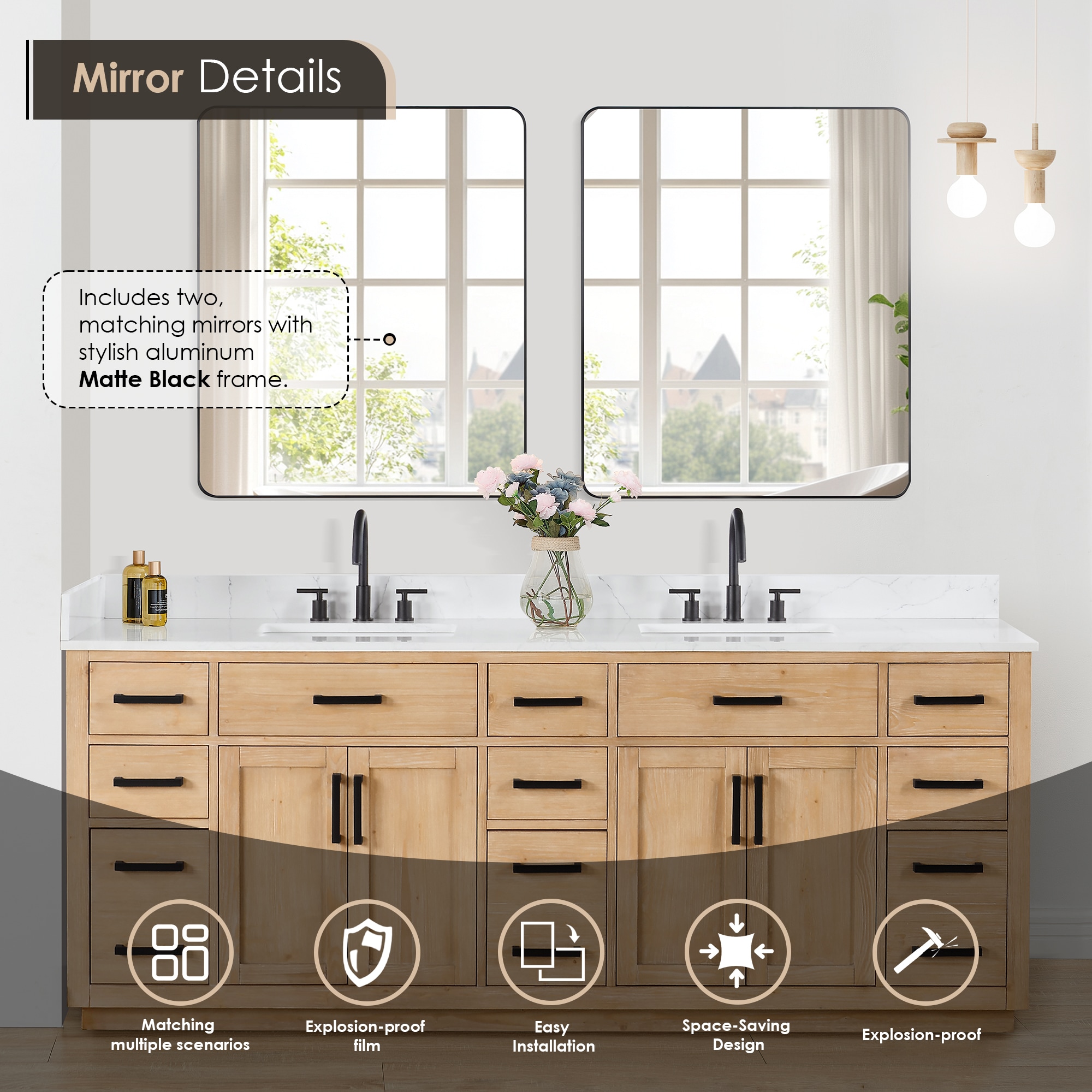 Gavino 84" Light Brown Double Vanity with White Stone Countertop and Mirror