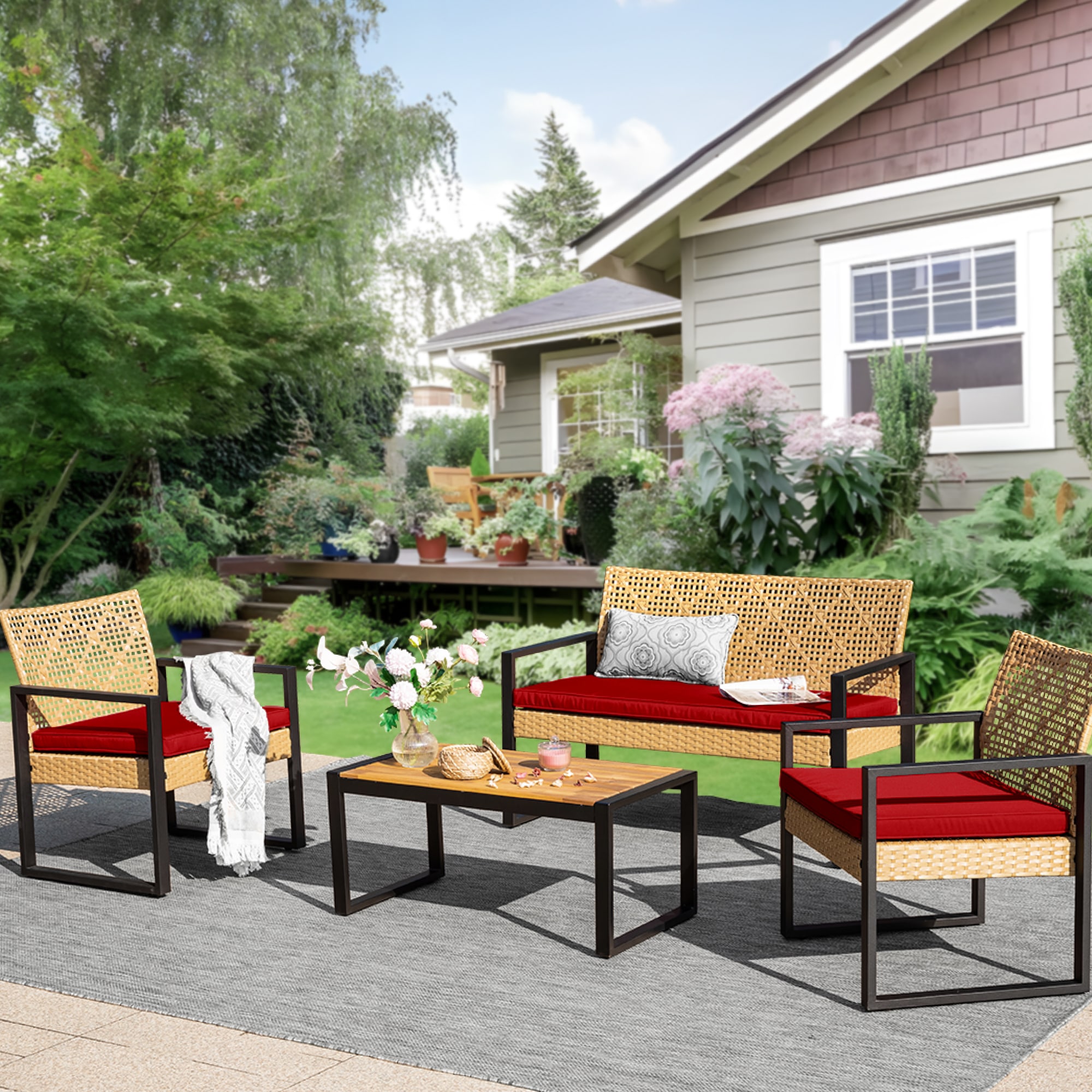 Sunshine Valley R3-302 4 -Piece Wicker Patio Conversation Set with Red Cushions