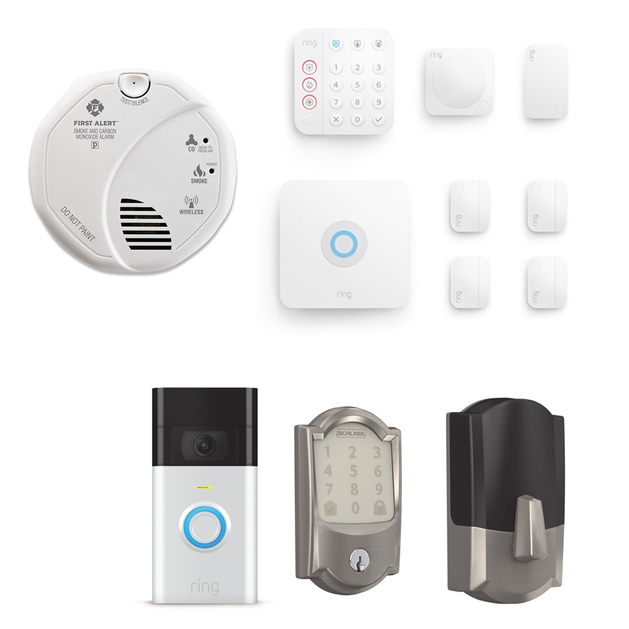 First Alert Battery-Operated Smart Combination Detector + Ring Alarm Wireless Security 8-Piece Kit (2nd Gen) and Satin Nickel Smart Video Doorbell