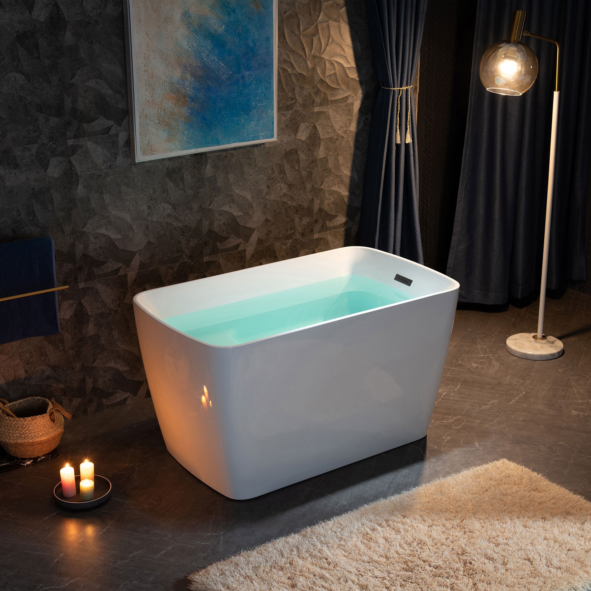 48'' White Acrylic Freestanding Rectangular Bathtub with Chrome Drain