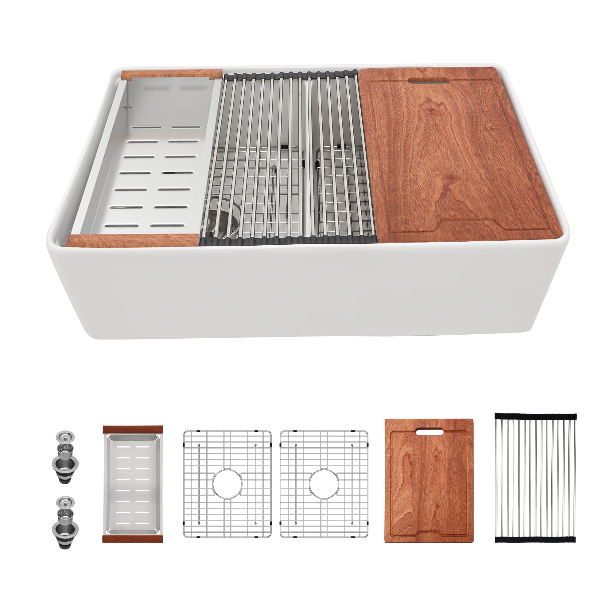 LIVIZA TLG-CM147746 Ceramic Kitchen Sink Farmhouse apron front 33-in x 20-in Porcelain Double equal bowl Workstation Kitchen Sink with Drainboard