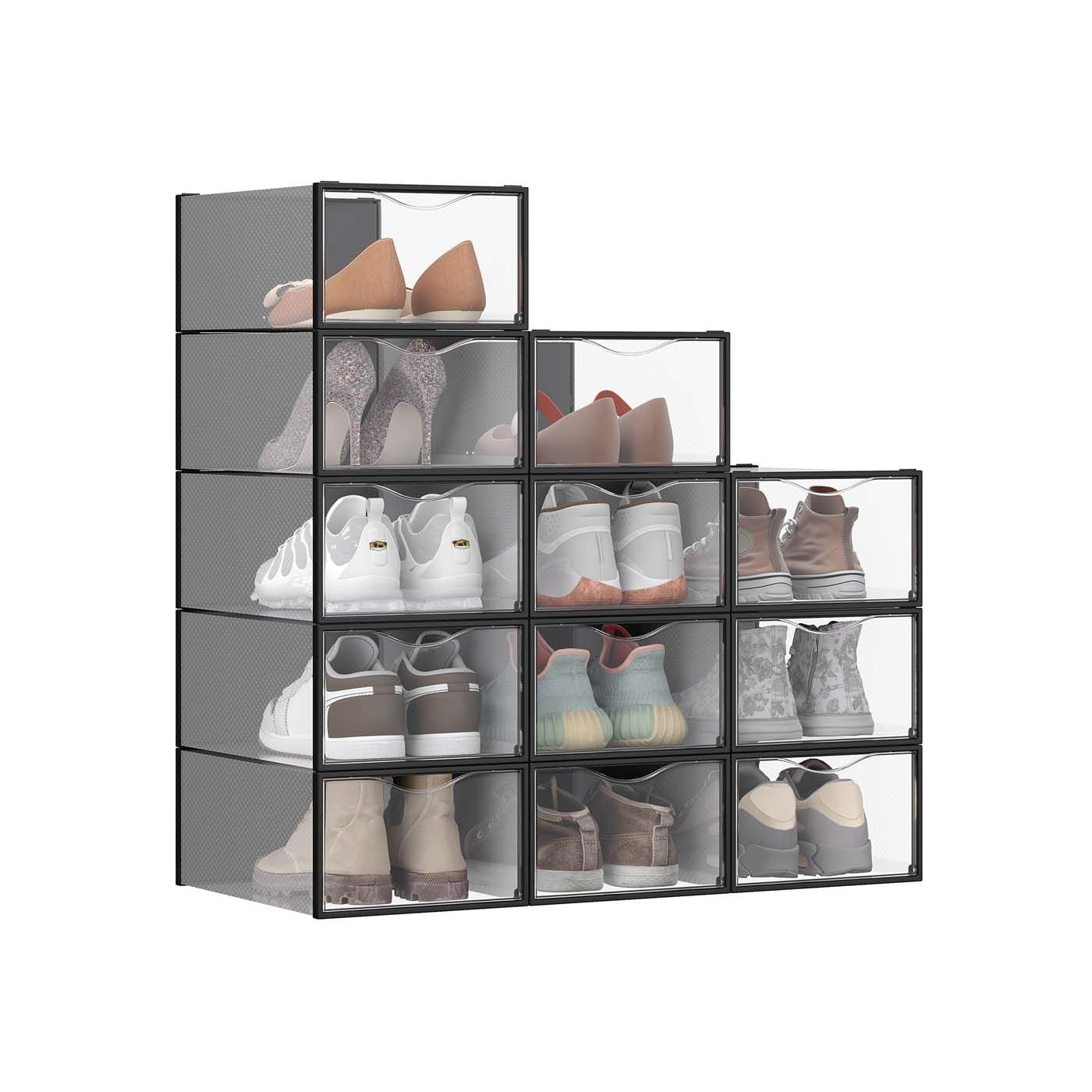 Slickblue 12 Piece Stackable Shoe Boxes (12 Pair Capacity) Black Plastic Shoe Storage Organizer with Front Drop Down Doors and Vent Holes for Closet Bedroom Entryway