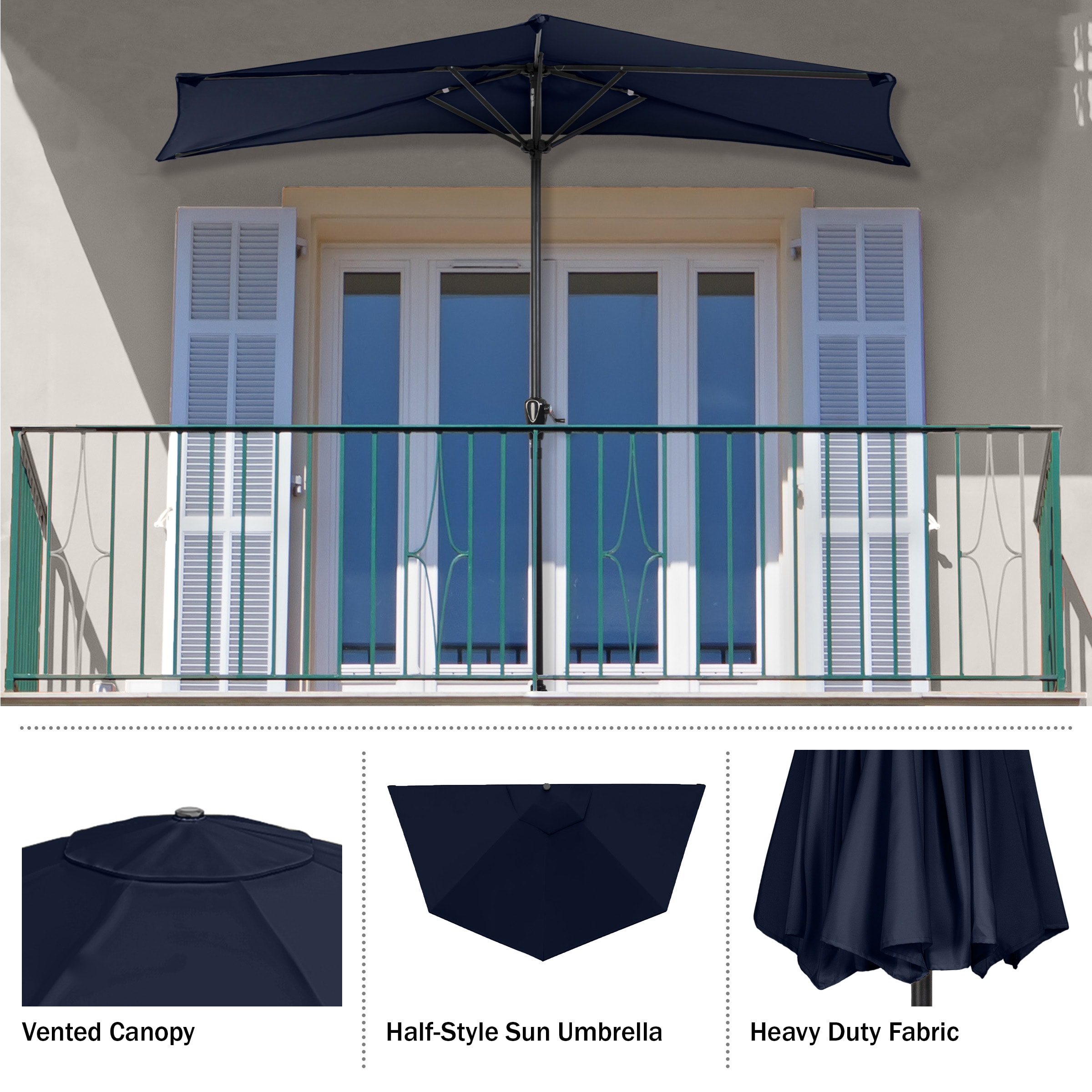 Navy Blue 9ft Half Round Steel Patio Umbrella