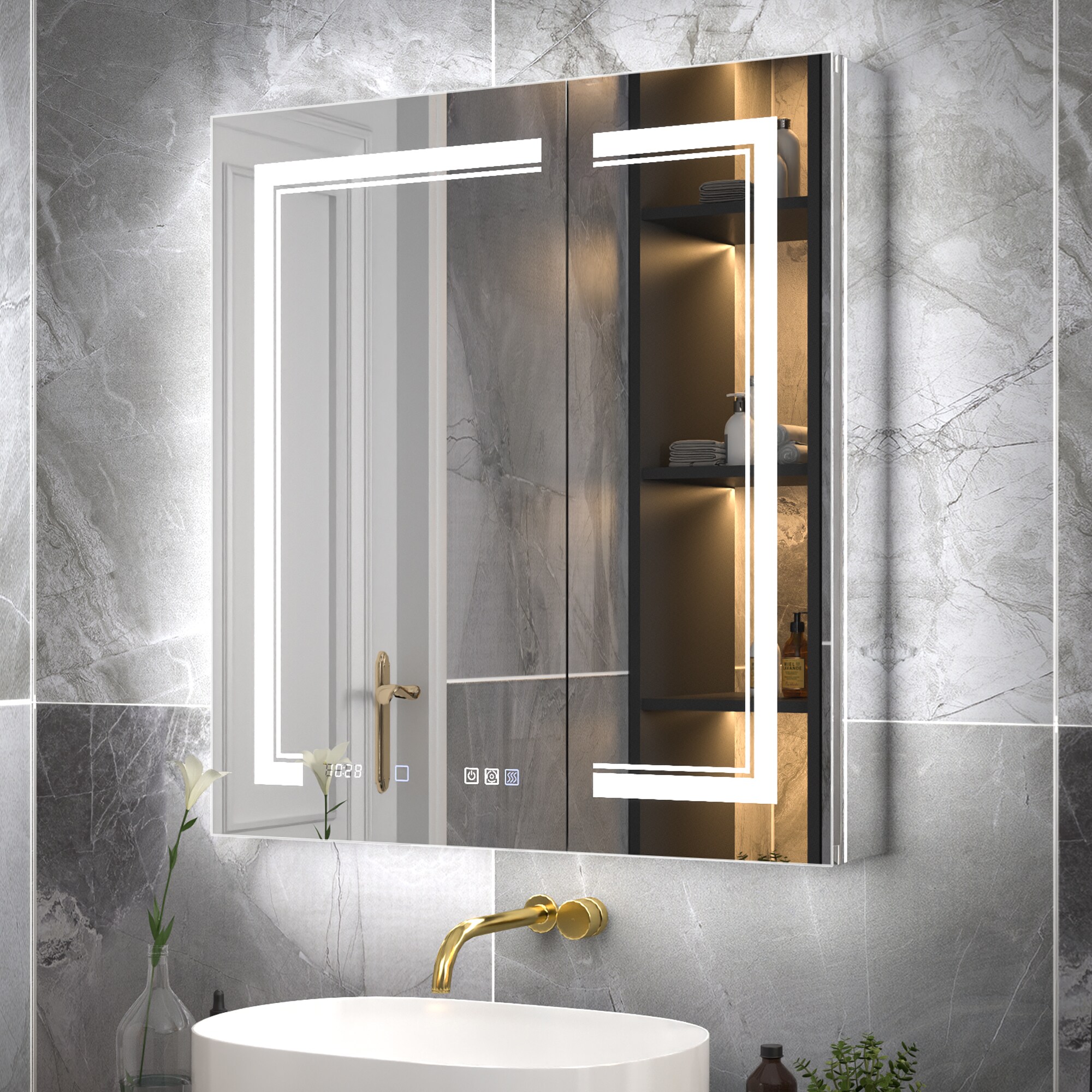 ExBrite W7MC4836 Glint 30-in x 32-in Lighted LED Fog Free Surface/Recessed Mount Lustra Silver Mirrored Rectangle Soft Close Medicine Cabinet with Outlet