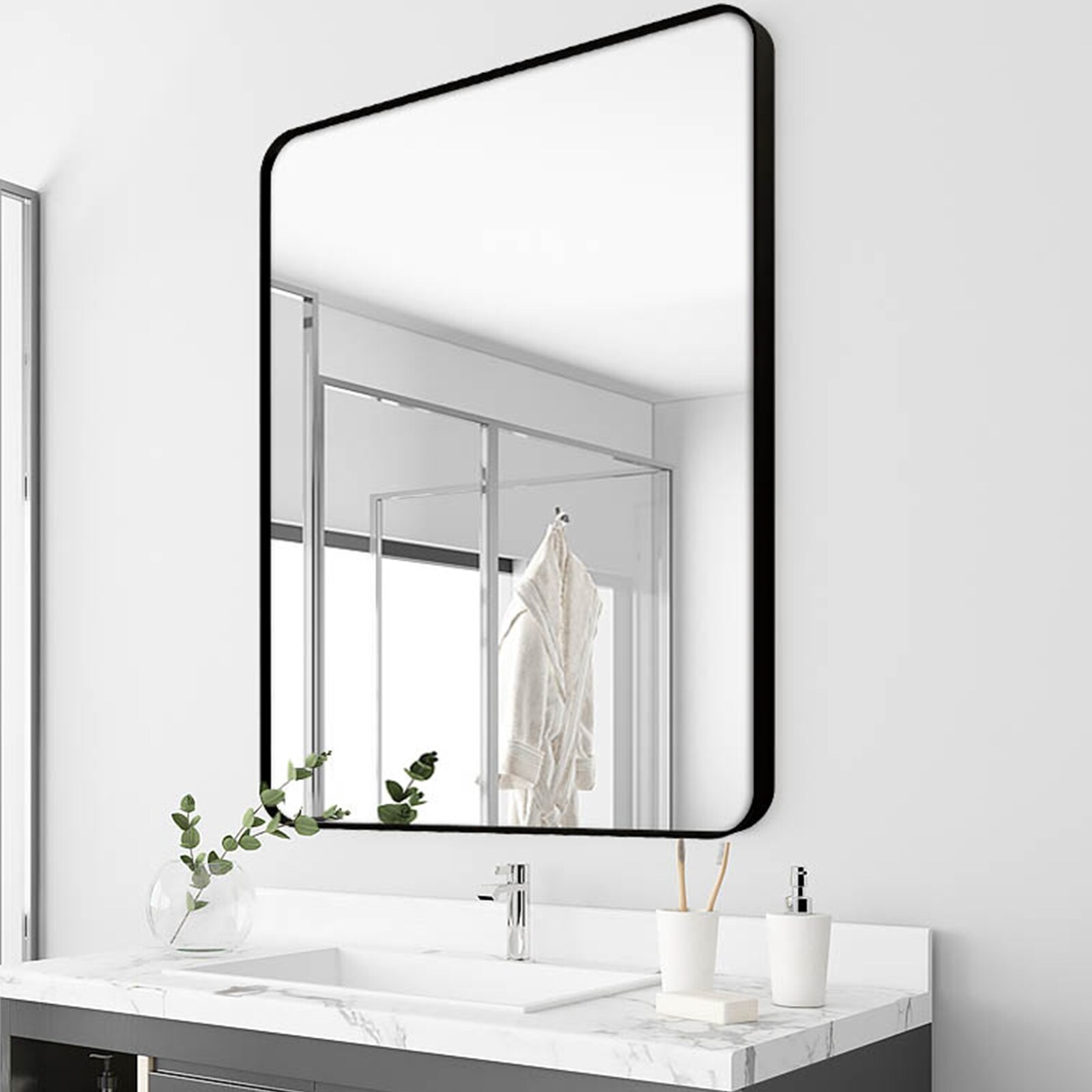 Forclover 30-in x 36-in Framed Rectangle Bathroom Vanity Mirror (Black ...