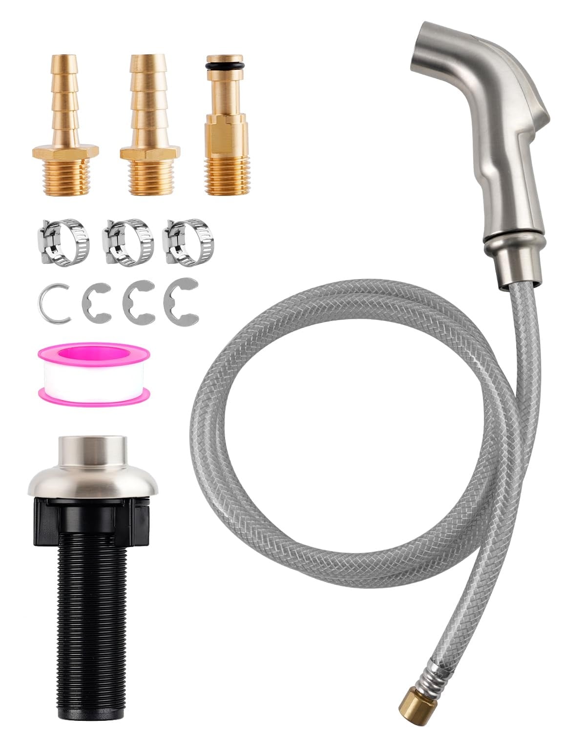 Anqtovp  Kitchen Sink Faucet Sprayer Head Attachment Brushed Nickel Finish Set with Grey Hose Holder 3 Adapters Teflon Tape Compatible with