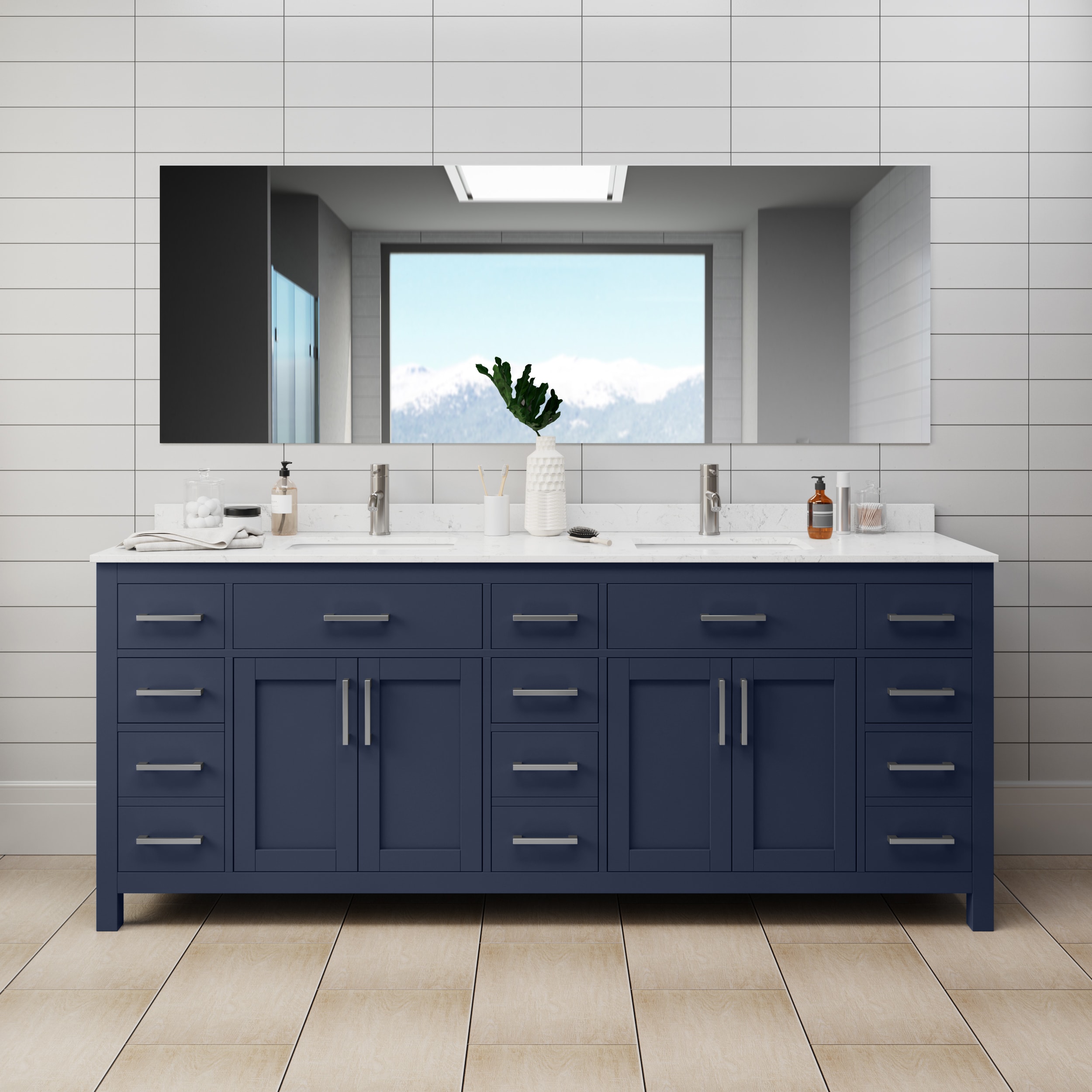 Wyndham Collection WCG242484DBNCCUNSMXX Beckett 84-in Dark Blue with Brushed Nickel Trim5036111 Undermount Double sink Bathroom Vanity with Carrara Cultured Marble Cultured marble Top