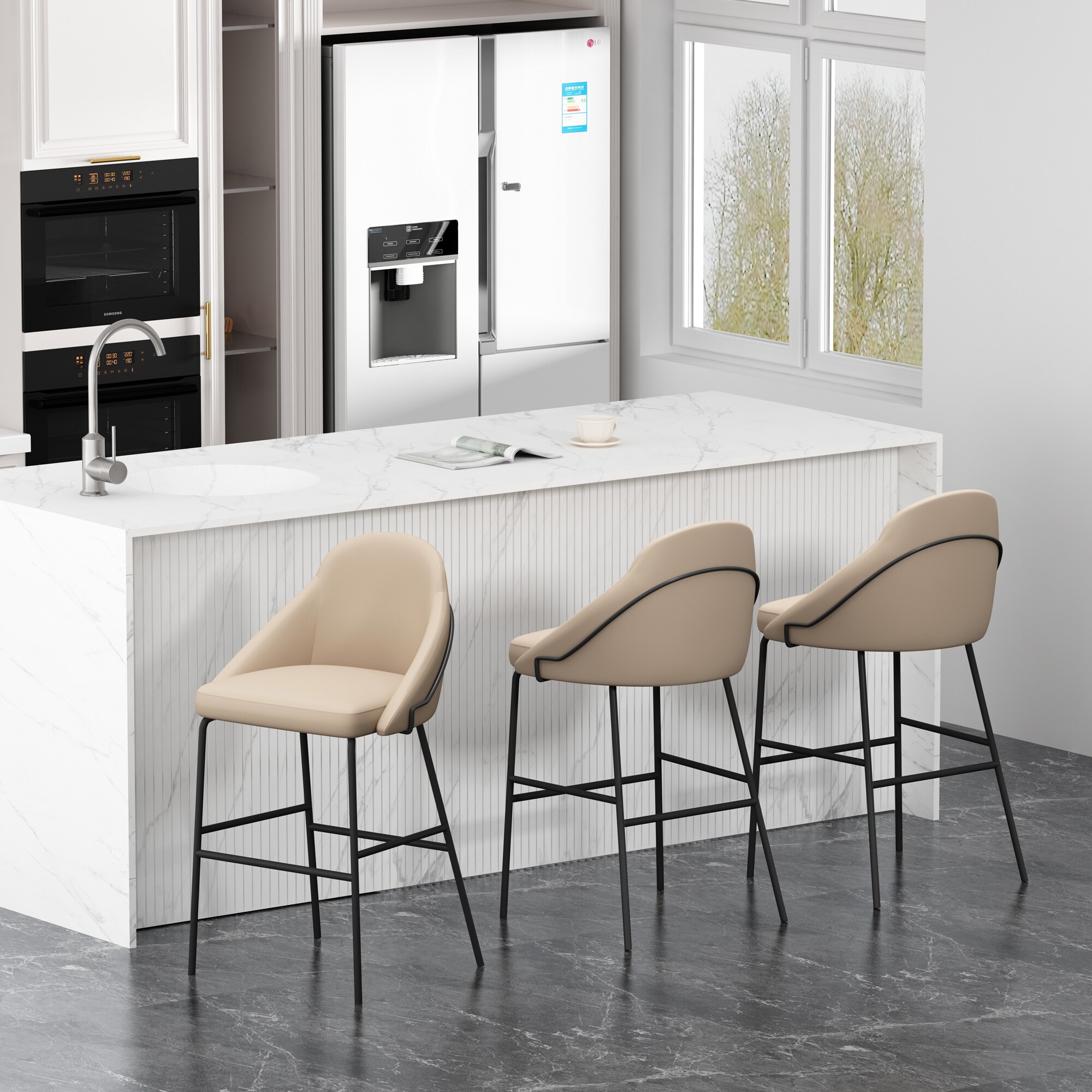 Manhattan Comfort 3-BS022-BTN Tan and Black 29.1-in H Bar height Upholstered Metal Bar Stool 3 -Pack