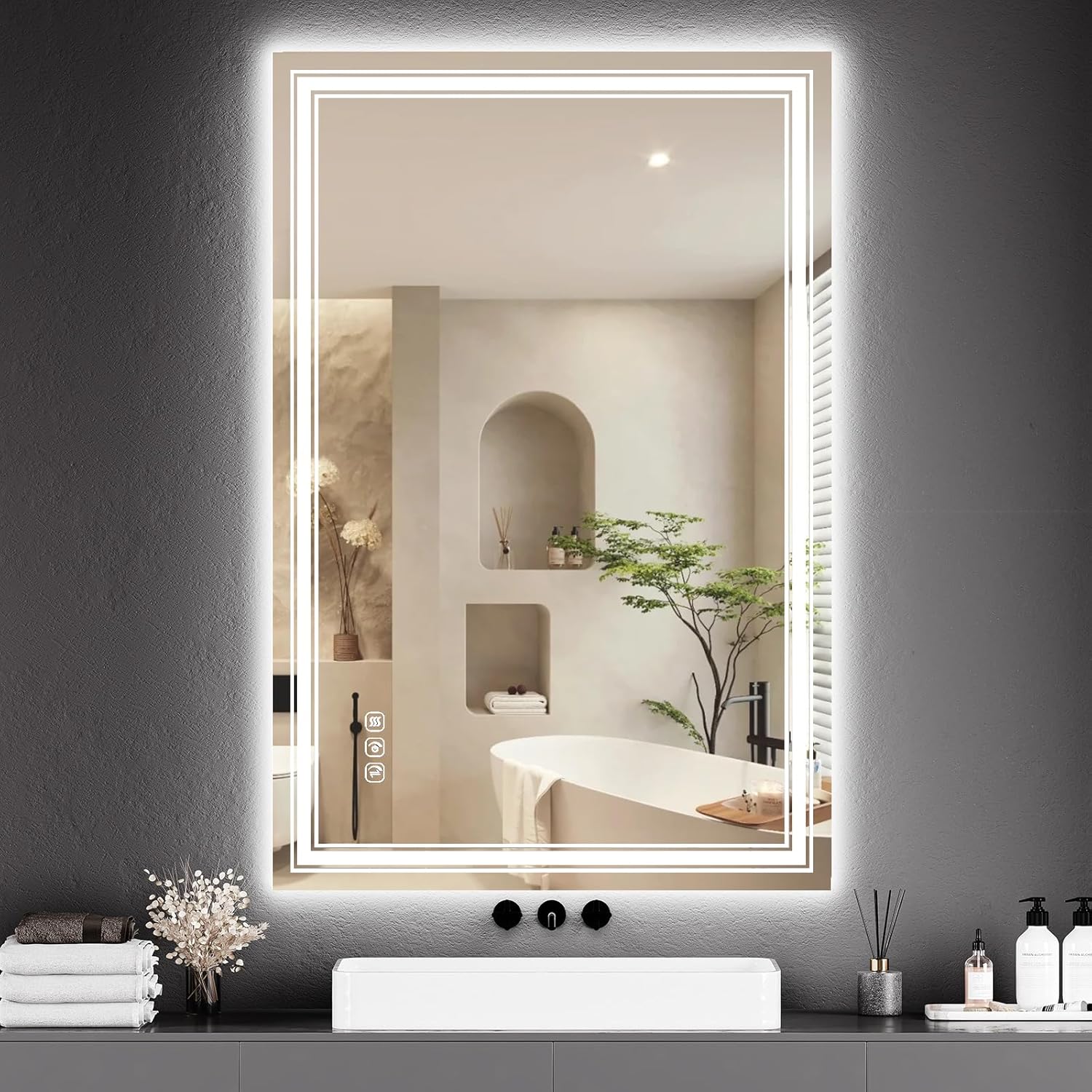 Qeetex LXL-PHO-0YOV5NLH LED Bathroom Mirror with LightsAnti-FogDimmableBacklit + Front LitBathroom Vanity Mirror with Lights MemoryDouble LED Vanity3 ColorsLighted MirrorStepless Dimming