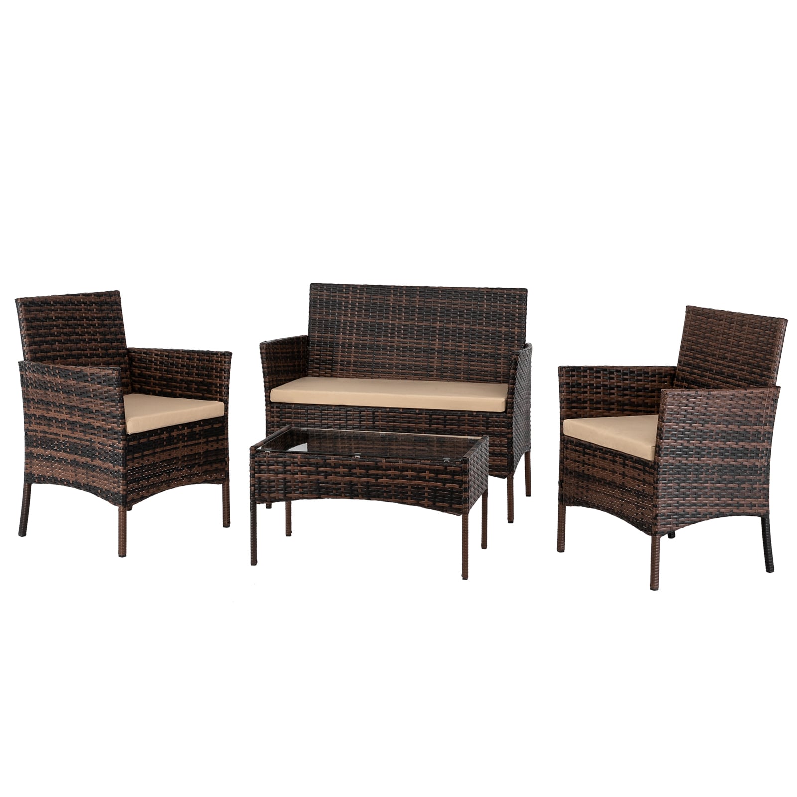 Winado 727501644907 4 -Piece Wicker Patio Conversation Set with Tan Cushions