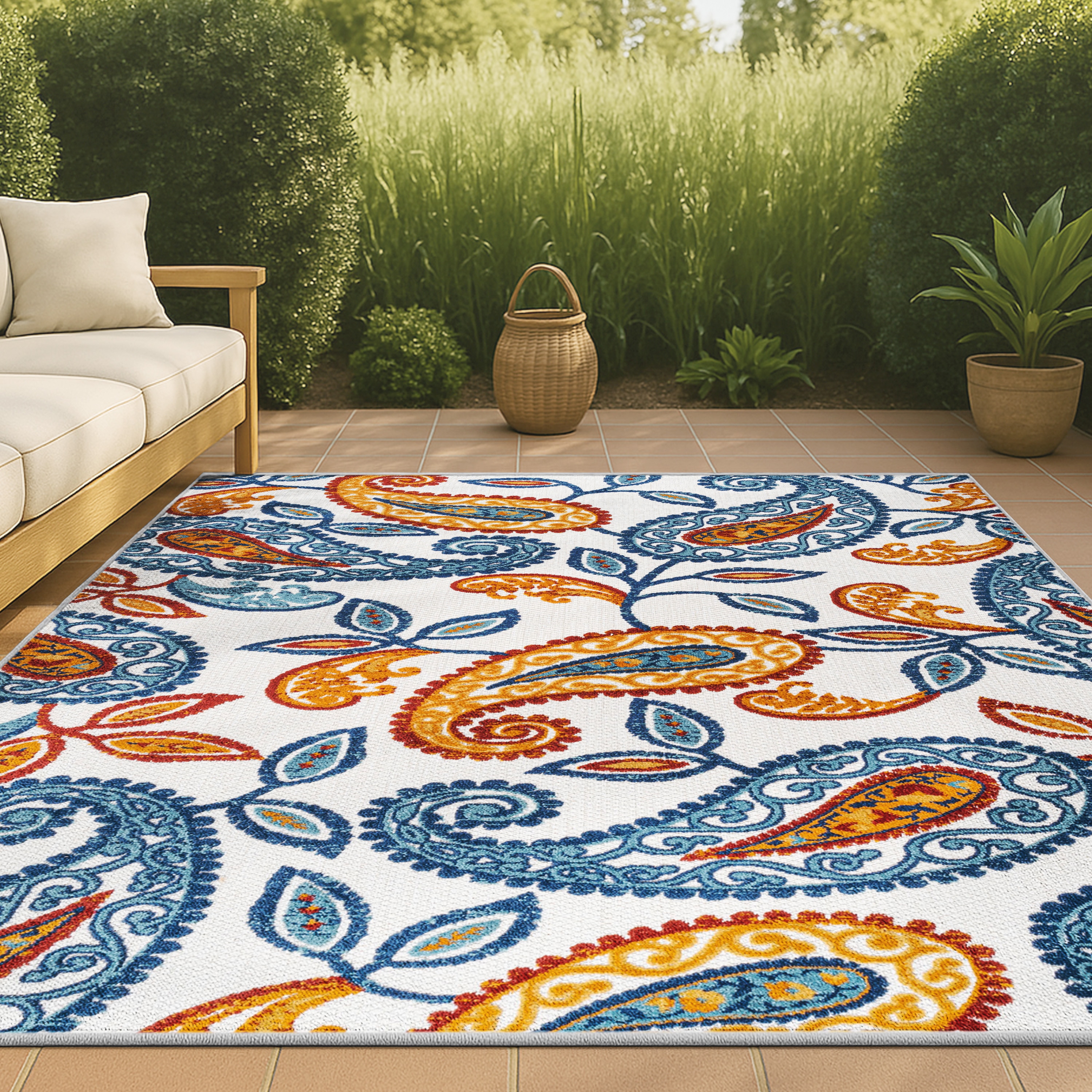 JONATHAN  Y AMC102B-4 Amalfi Coast Julien Paisley High-Low 4 x 6 (ft) Loomed Polypropylene Orange/Blue Rectangular Indoor/Outdoor Paisley Bohemian/Eclectic Area rug