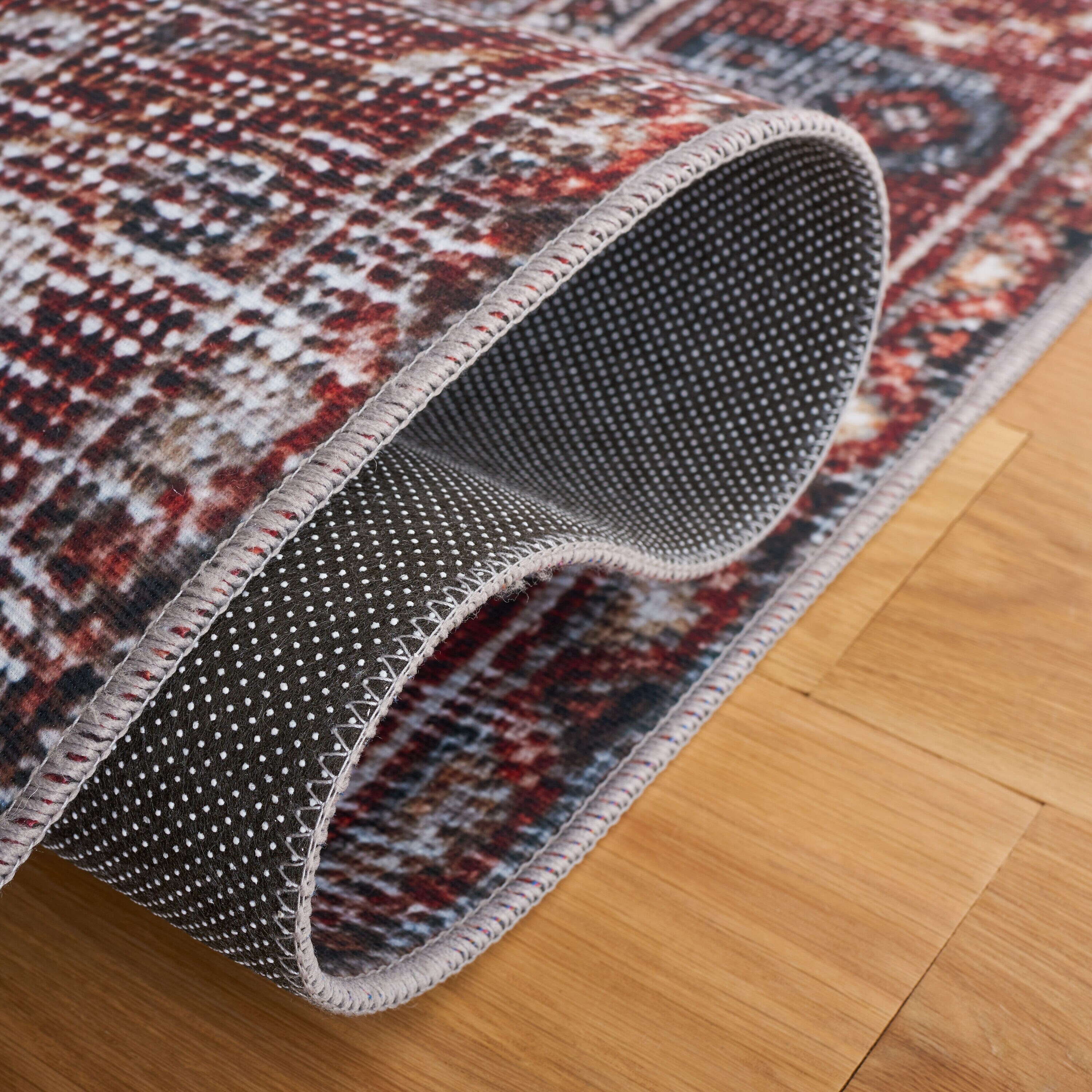 Navy and Rust Square Machine Washable Oriental Rug, 4' x 4'