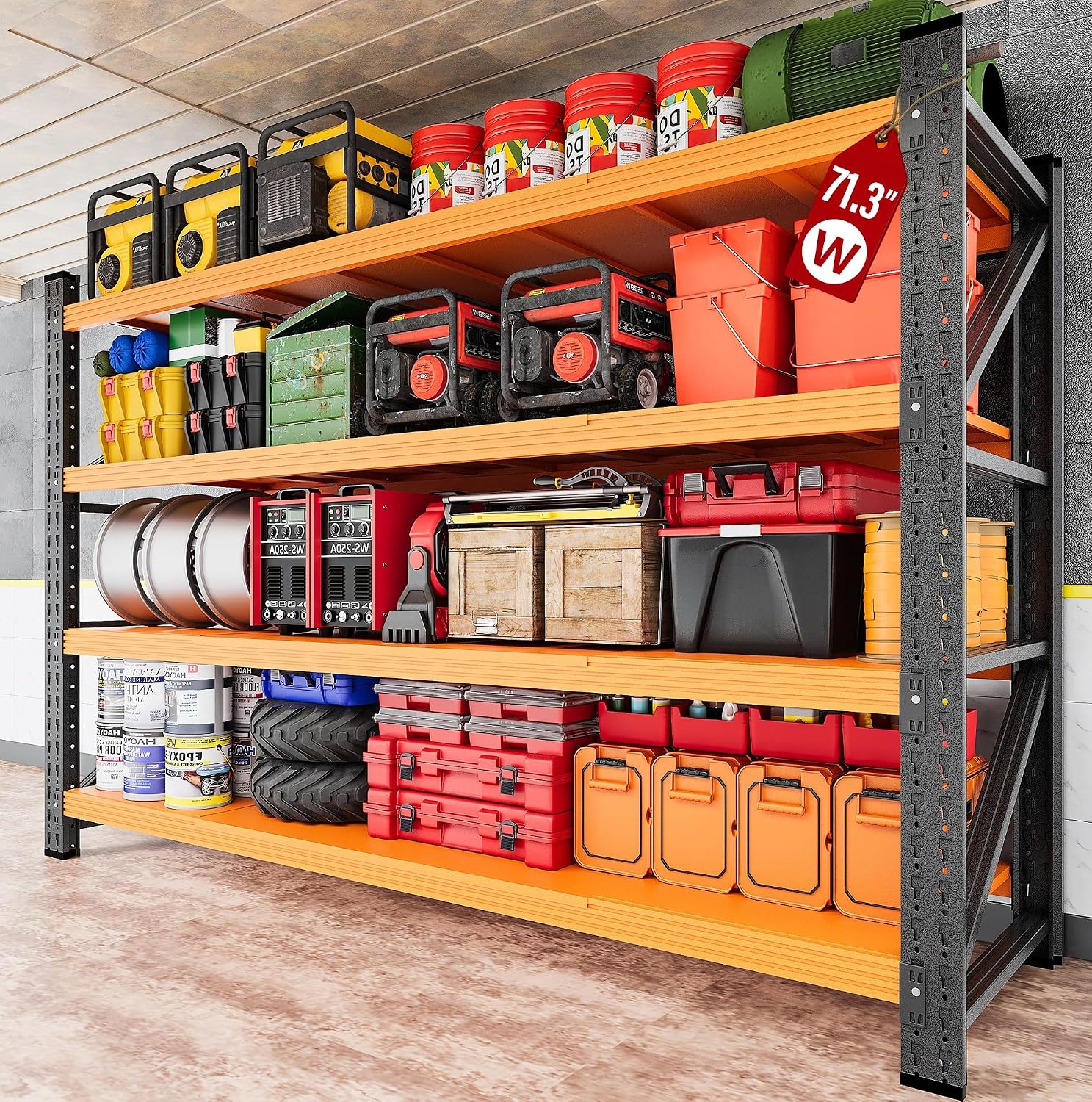 Letaya  71.3 Wide Heavy Duty Garage Shelving Units 5000LBS Deep Storage Shelves Orange Metal Garage Shelves Steel Shelf Large Storage Rack Industrial Shelving for Shop Warehouse Basement 71.3W x 24D x 70H