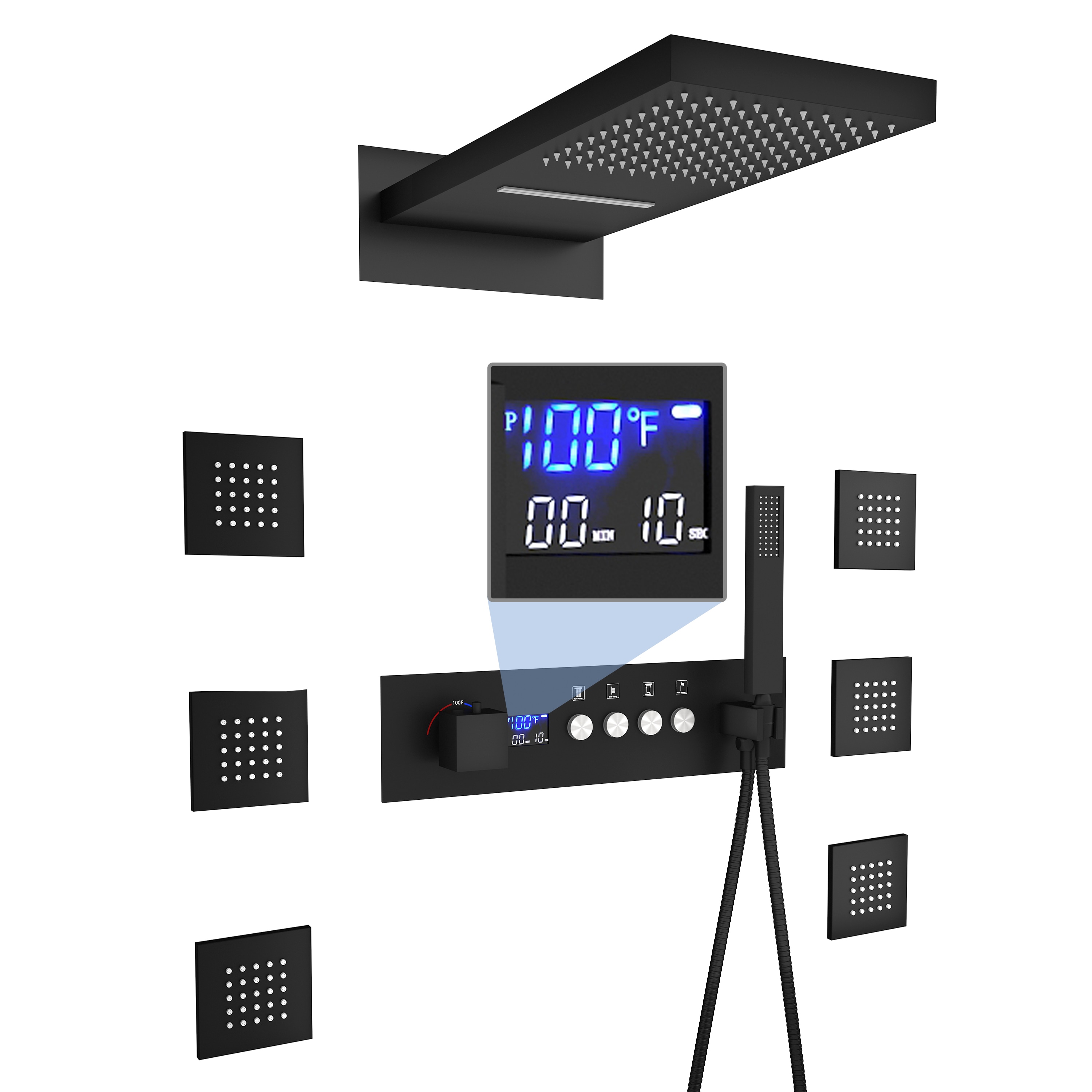 Mondawe WF-6374-12-NB Matte Black 22-in Waterfall Built-In Shower Faucet System with 4-way Diverter ( Thermostatic Valve Included )
