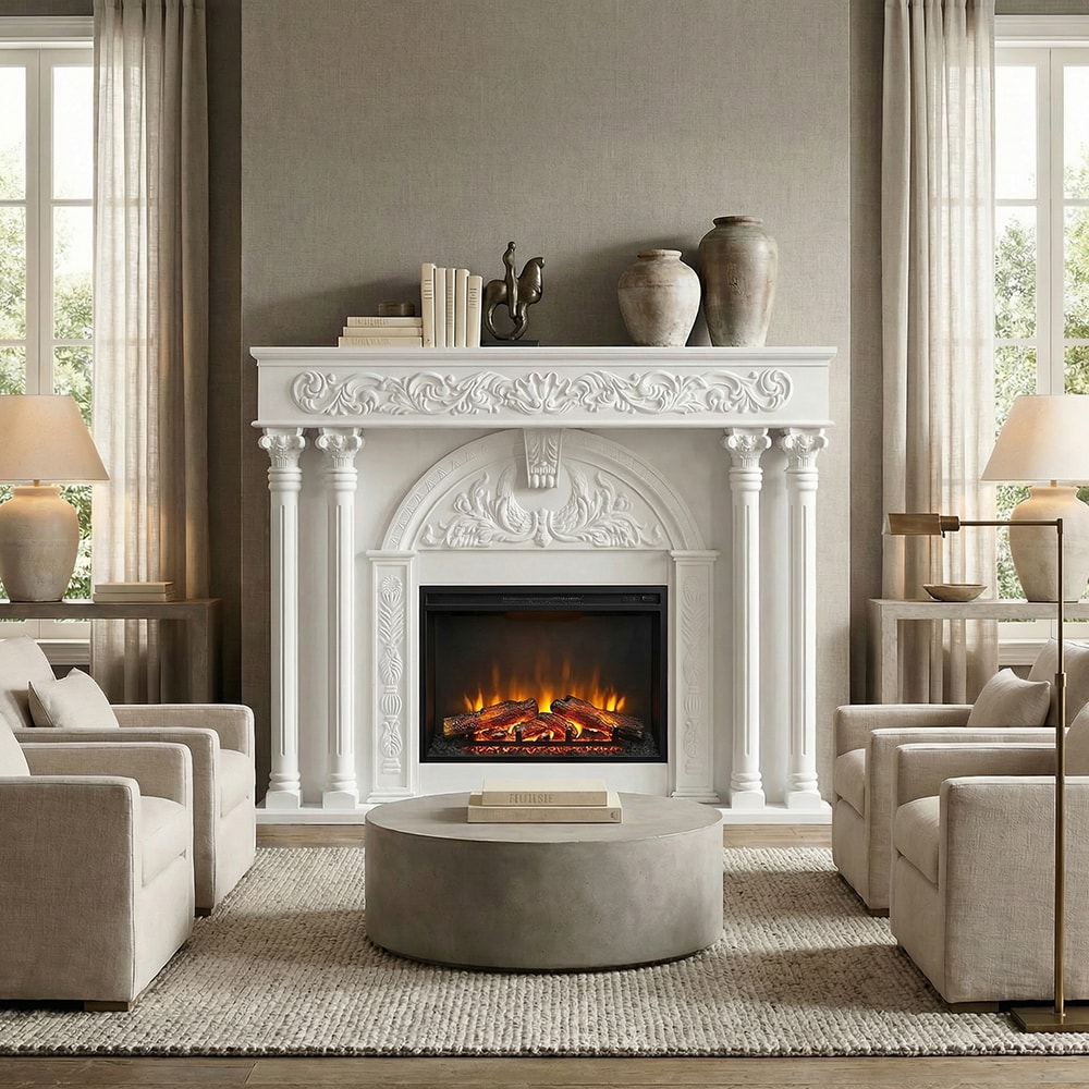Homsee Freestanding Solid Wood Columns Fireplace Mantel Cabinet with Hand-Painted Finish for Living Room 55.1'' x 11.8'' x 44.5'' White #V-KF020555-01-AB-D