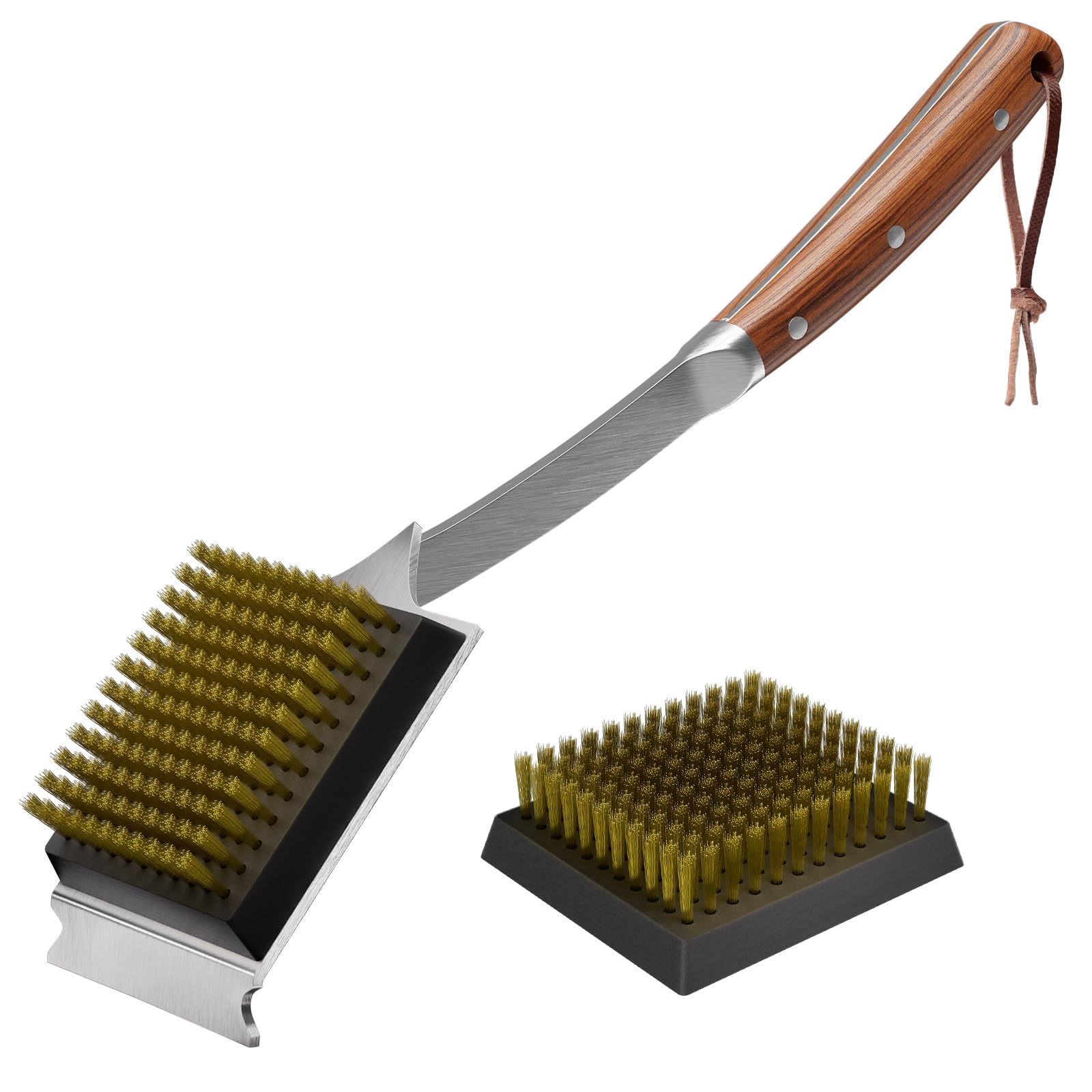 Aoibox  17 in Rosewood Handle BBQ Grill Brush with 2 Replaceable Copper Wire Heads and Scraper Barbecue Outdoor