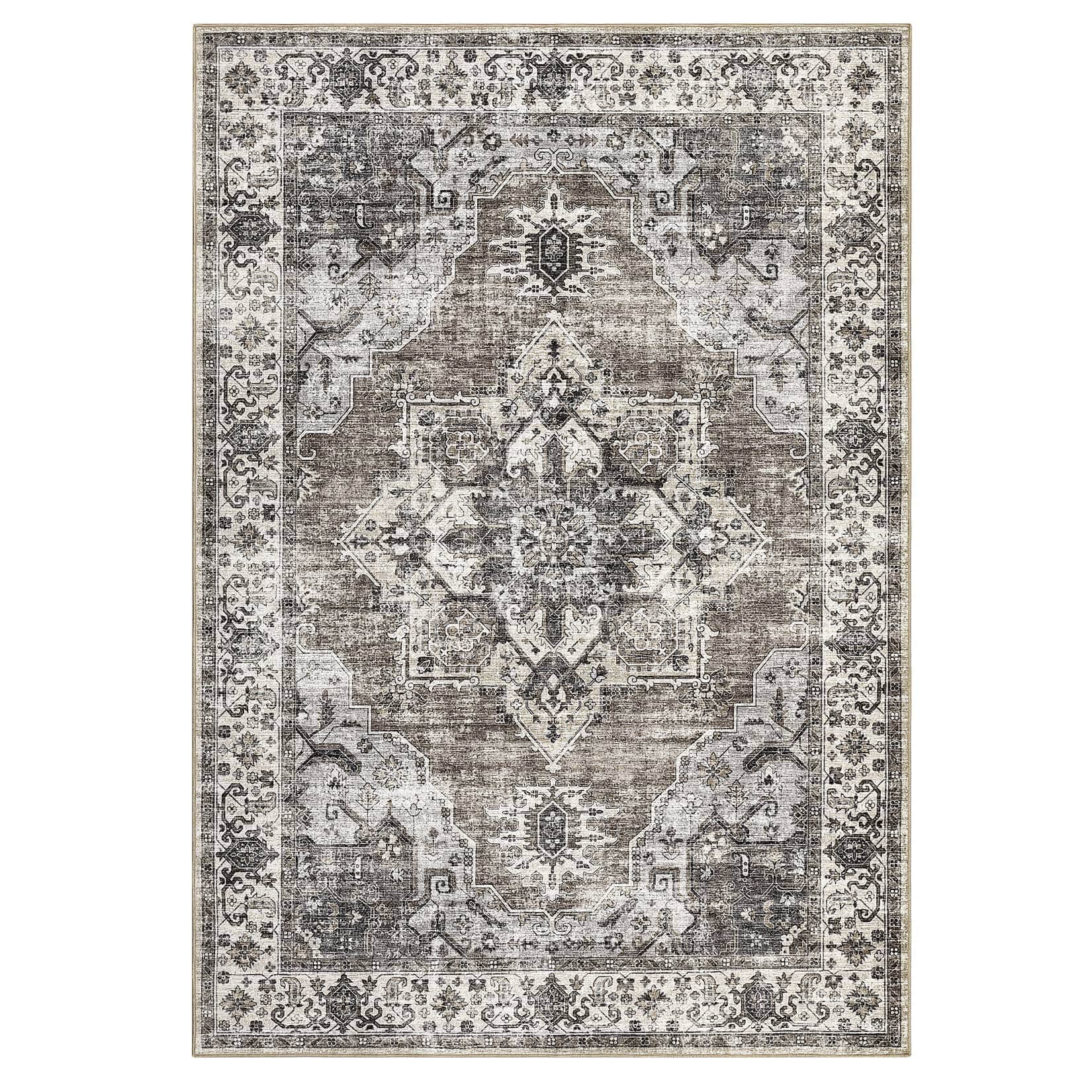 Qeetex LSN-PHK-338Y4MCF 8 x 10 ft Polyester Wool Spinning Brown Rectangular Hallway Bathroom Entryway Kitchen Office Foldable Flower Printed Persian Washable Area Rug