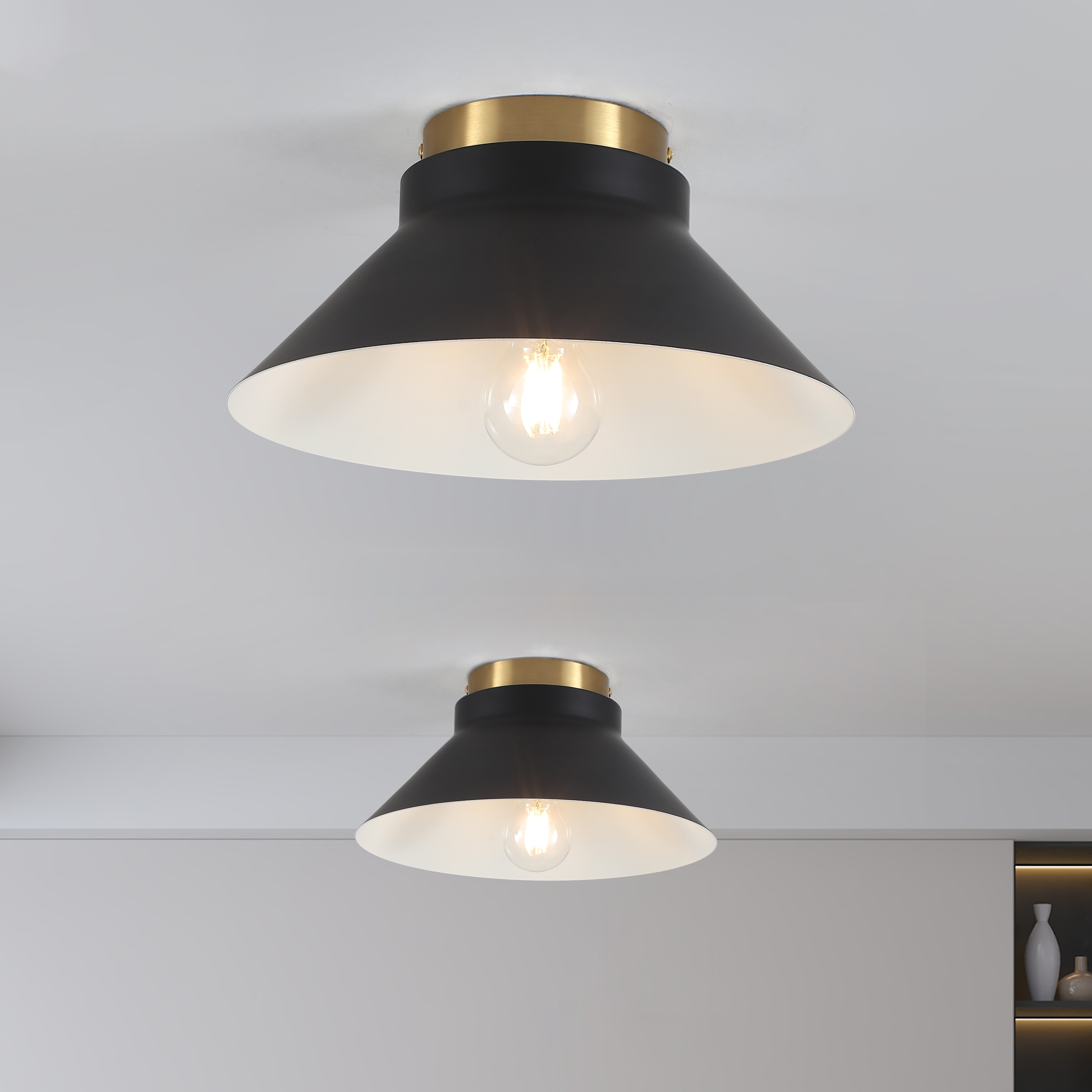 Kirahee 2-Pack Modern Black Cone Semi-Flush Ceiling Lights with Gold Accent