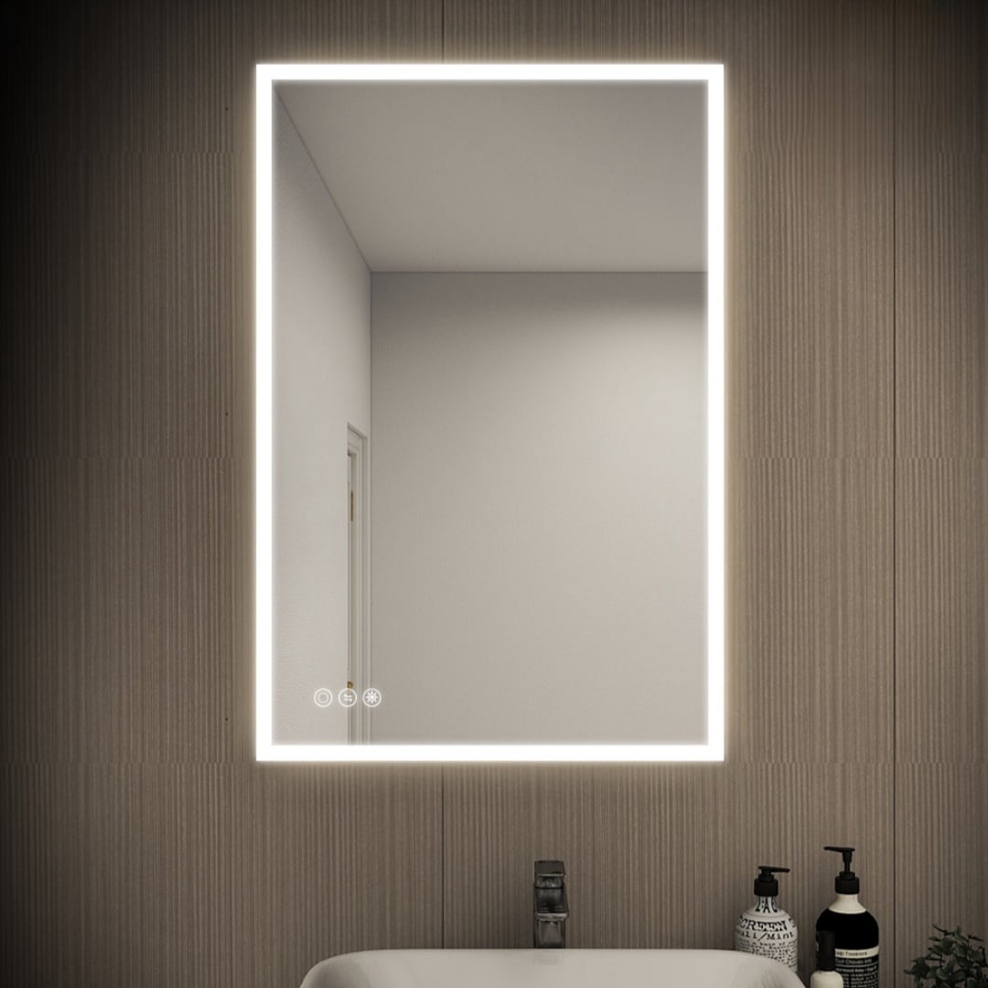 AAZJ KA 22-in x 30-in Polished Frameless Rectangle Dimmable Lighted Fog Free Bathroom Vanity Mirror ( Silver )