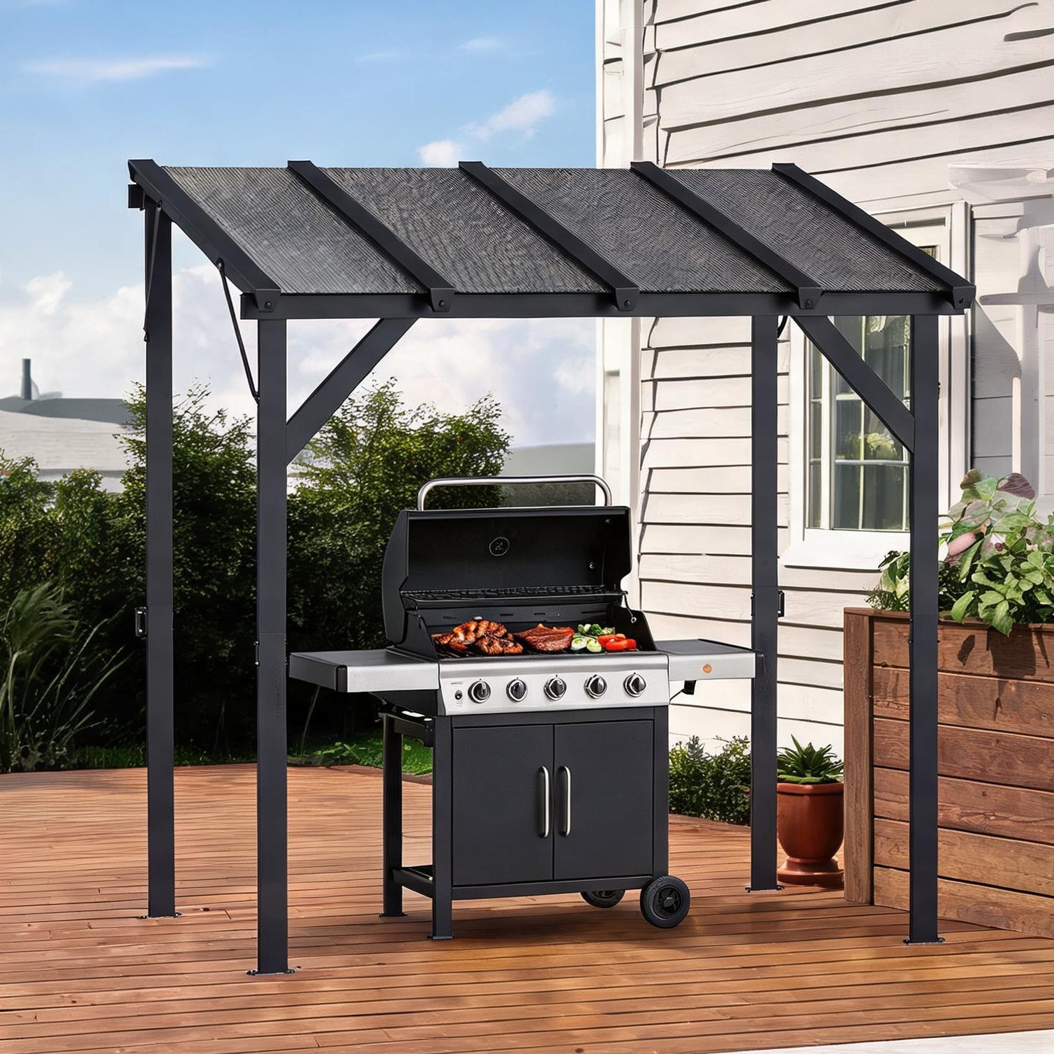Watnature Slate Gray Hardtop Lean-to Grill Gazebo with Polycarbonate Roof 96.5 x 58.3 Inches | C1MQY965NABQ