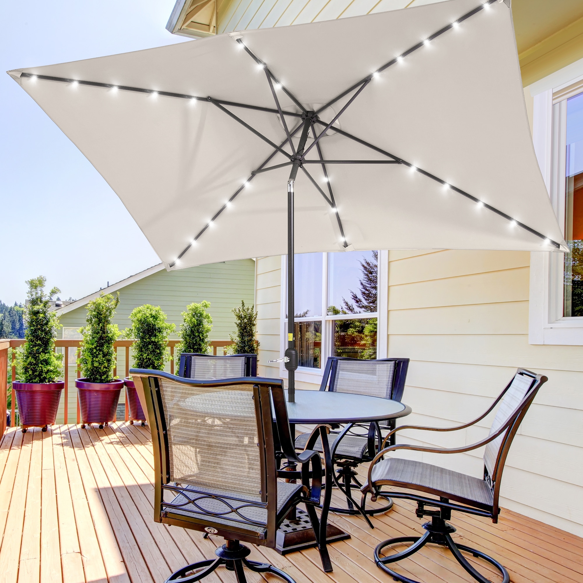 ACEGOSES LW-RLED16SD 10-ft Steel Tan Push-button Tilt Market Patio Umbrella with Lights