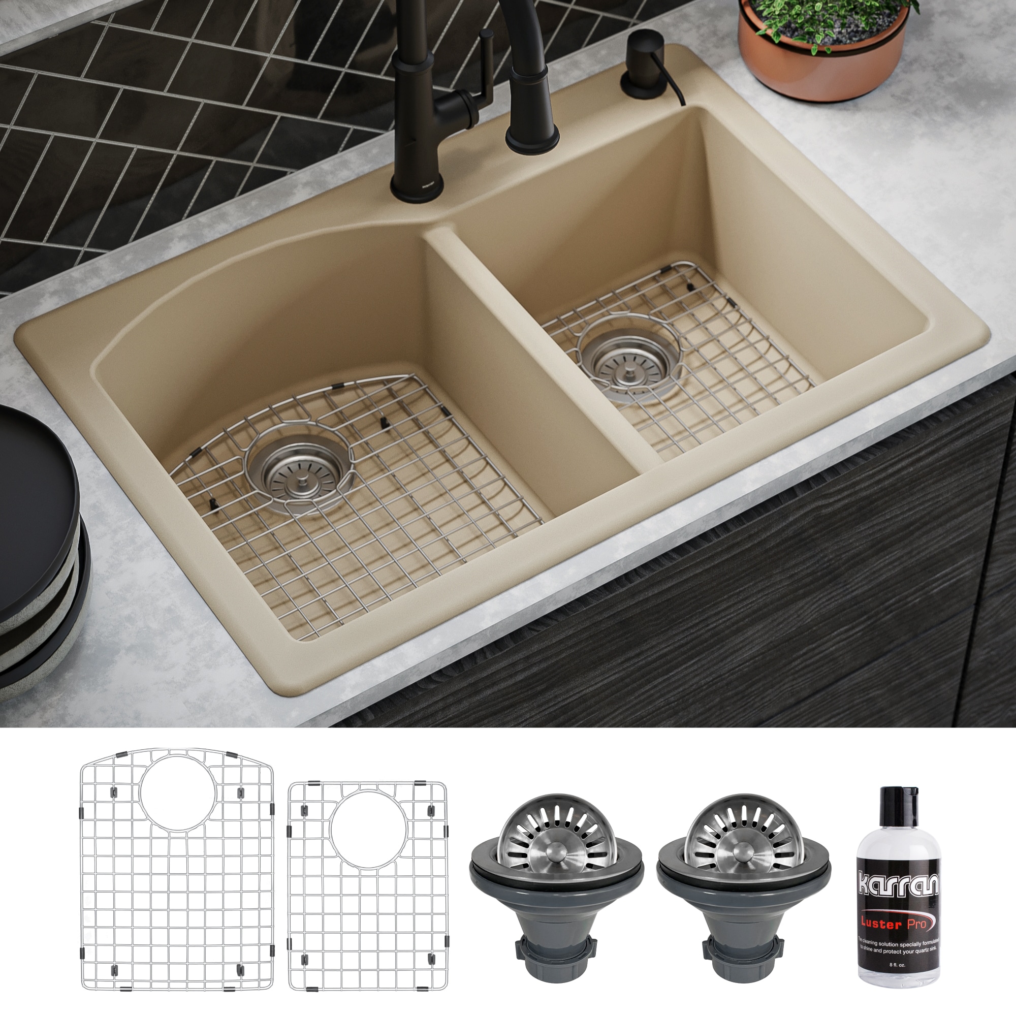 Karran QT-610-BI-PK1 Drop-in 33-in x 22-in Quartz Double offset bowl 1-Hole Kitchen Sink