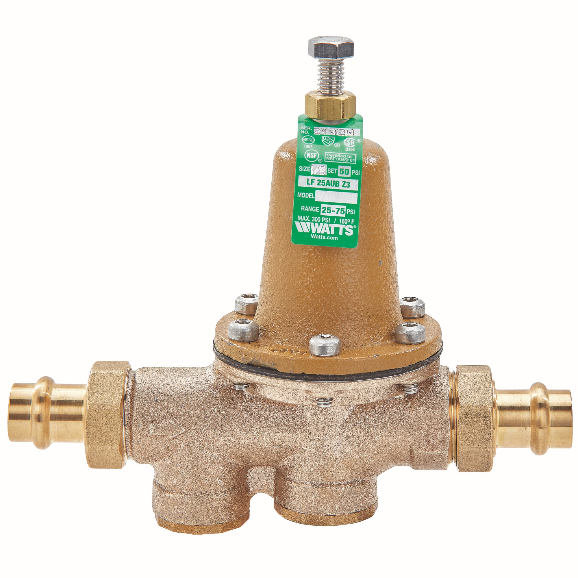 Watts 3/4-Inch Lead Free Water Pressure Reducing Valve Double Union Press Polymer Seat Adjustable 25-75 psi