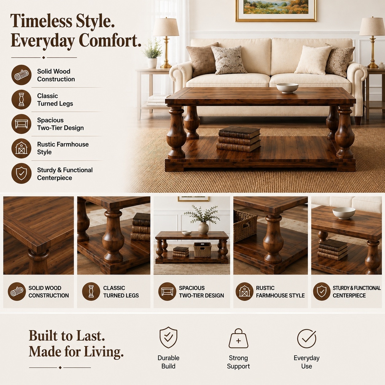 Horizons Prime 42 inch Walnut Pine Wood Farmhouse Coffee Table with ...