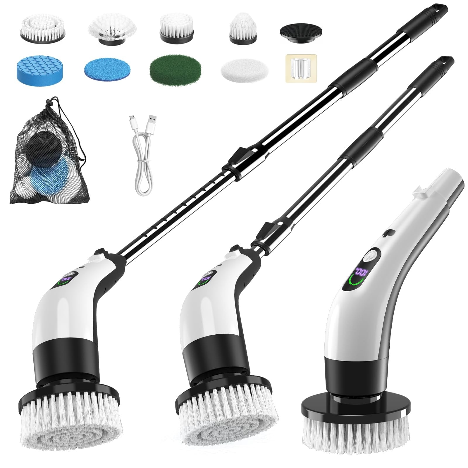 Anqtovp  Electric Spin Scrubber Cordless Bathroom Cleaning Brush with Adjustable Extension Handle LCD Display 9 Brush Heads Waterproof for Shower