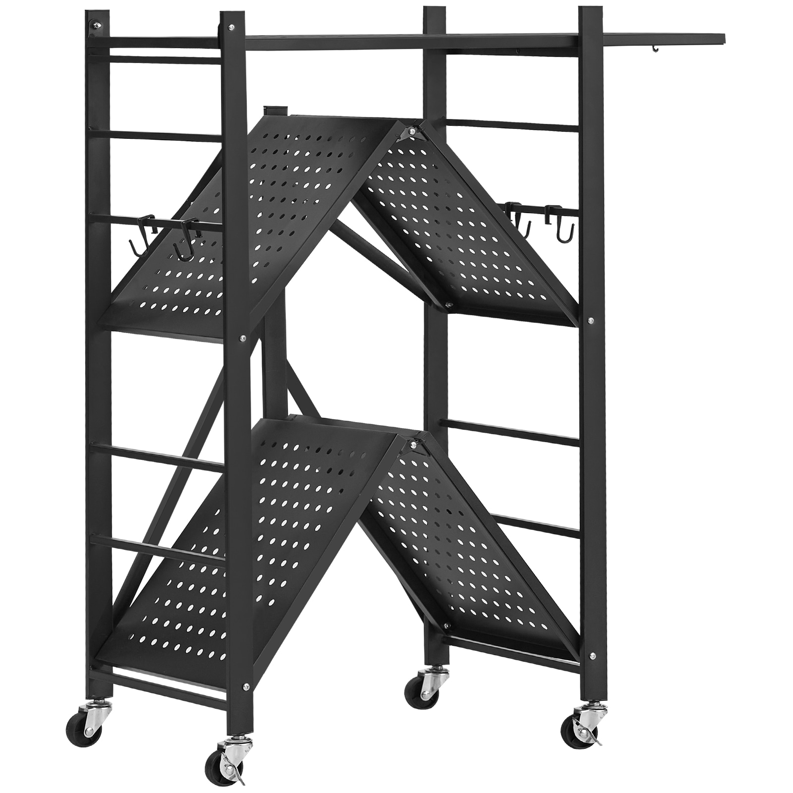 GIVIMO 3-Tier Foldable Storage Shelf 28-in W x 13-in D x 36-in H Rolling Q235A Carbon Steel Metal Shelving Unit with 5 Swivel Wheels 2 Locking Casters and 4 J-Hooks 570-lb Static Capacity No Assembly Folds Flat for Pantry Kitchen and Garage Black
