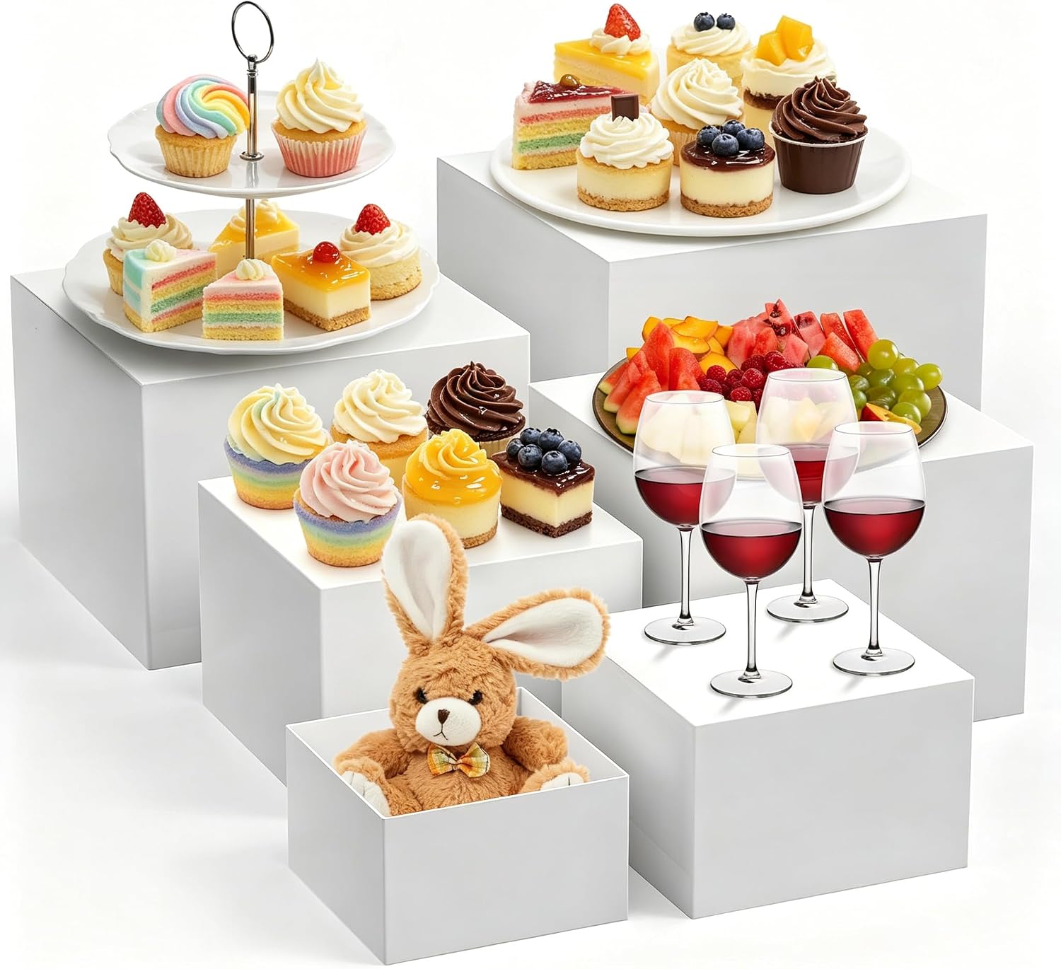 GarveeLife Space Saving Stackable Acrylic Display Risers  6 Piece White Food Service Stand Set for Dessert Tables Buffet Bakery and Retail Showcases  Nesting Multi Size Design 5 10 inch