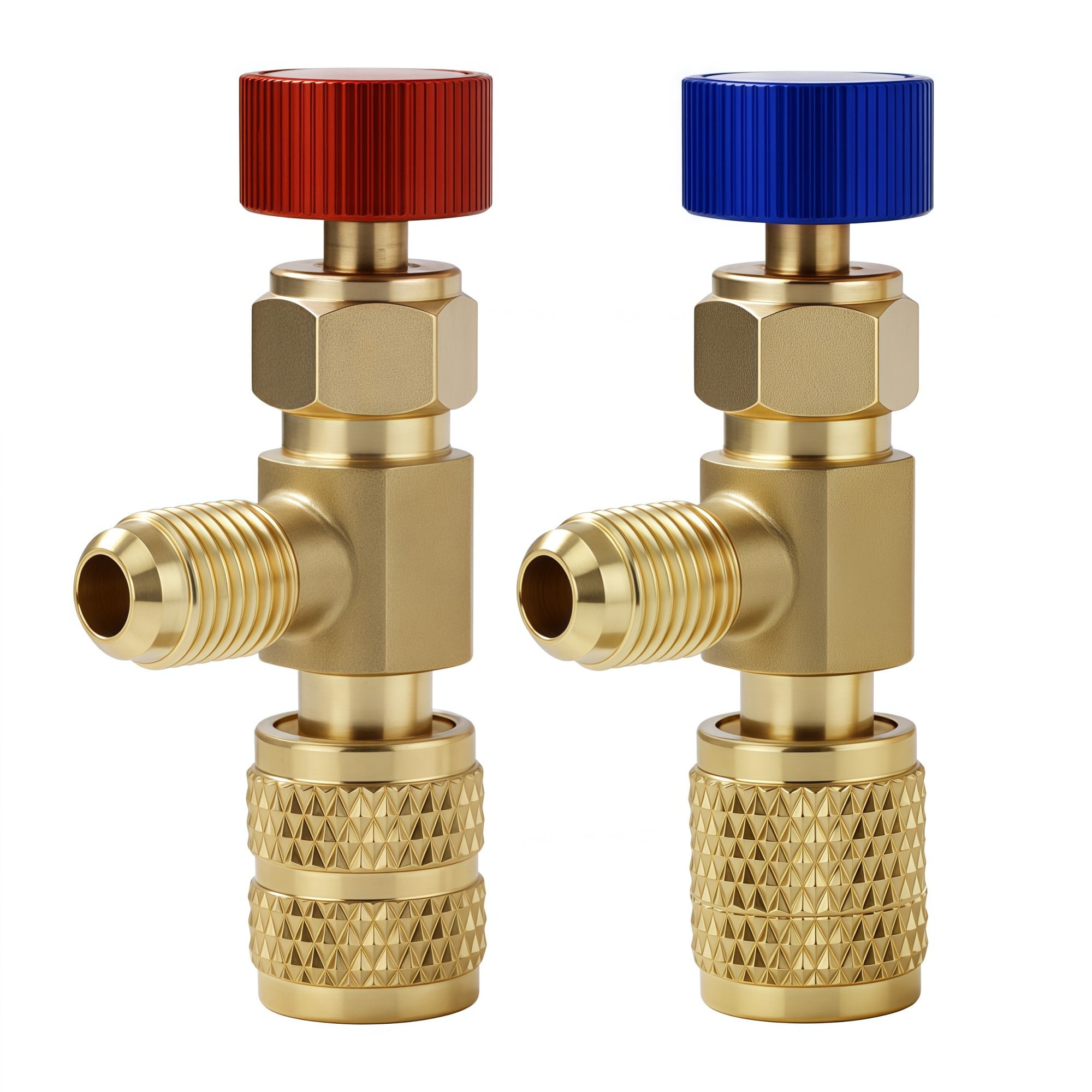 Numhew 1/4in and 5/16in 2-Piece Brass Safety Ball Valve Low Loss Flow Control Adapter Set Brass Finish Refrigerant Charging Valve