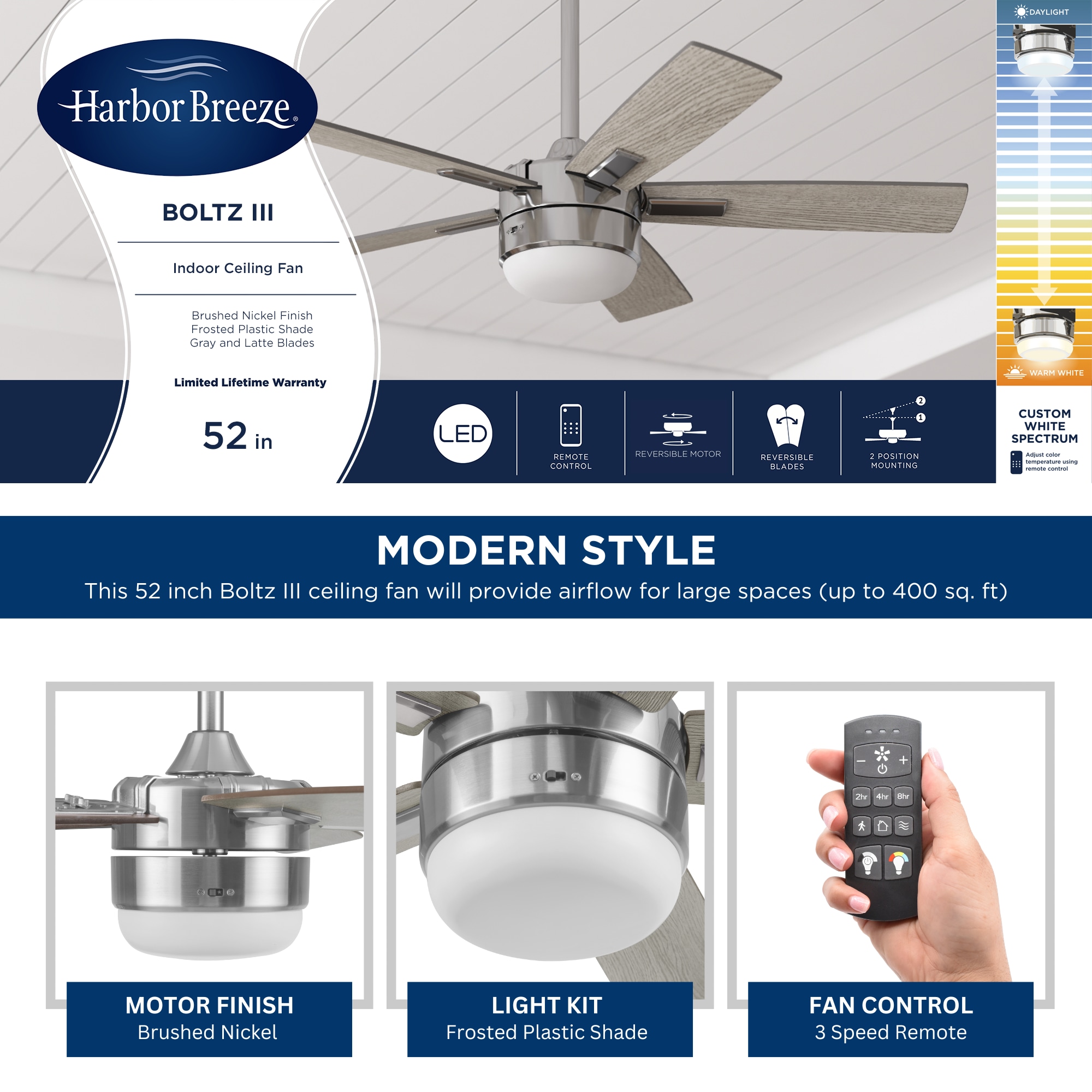 Harbor Breeze 2024 ceiling fan Boltz 52-in Brushed Nickel