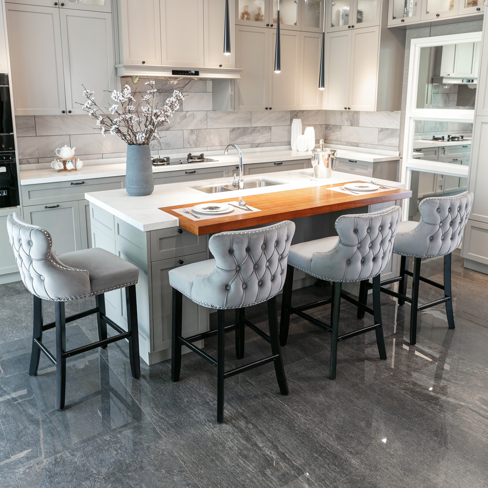 Mondawe MO-FB00930 4-piece Velvet Upholstered Wing-Back Barstools 2 -Set Gray 26.7-in H Counter height Square seat Upholstered Wood Bar Stool and Back