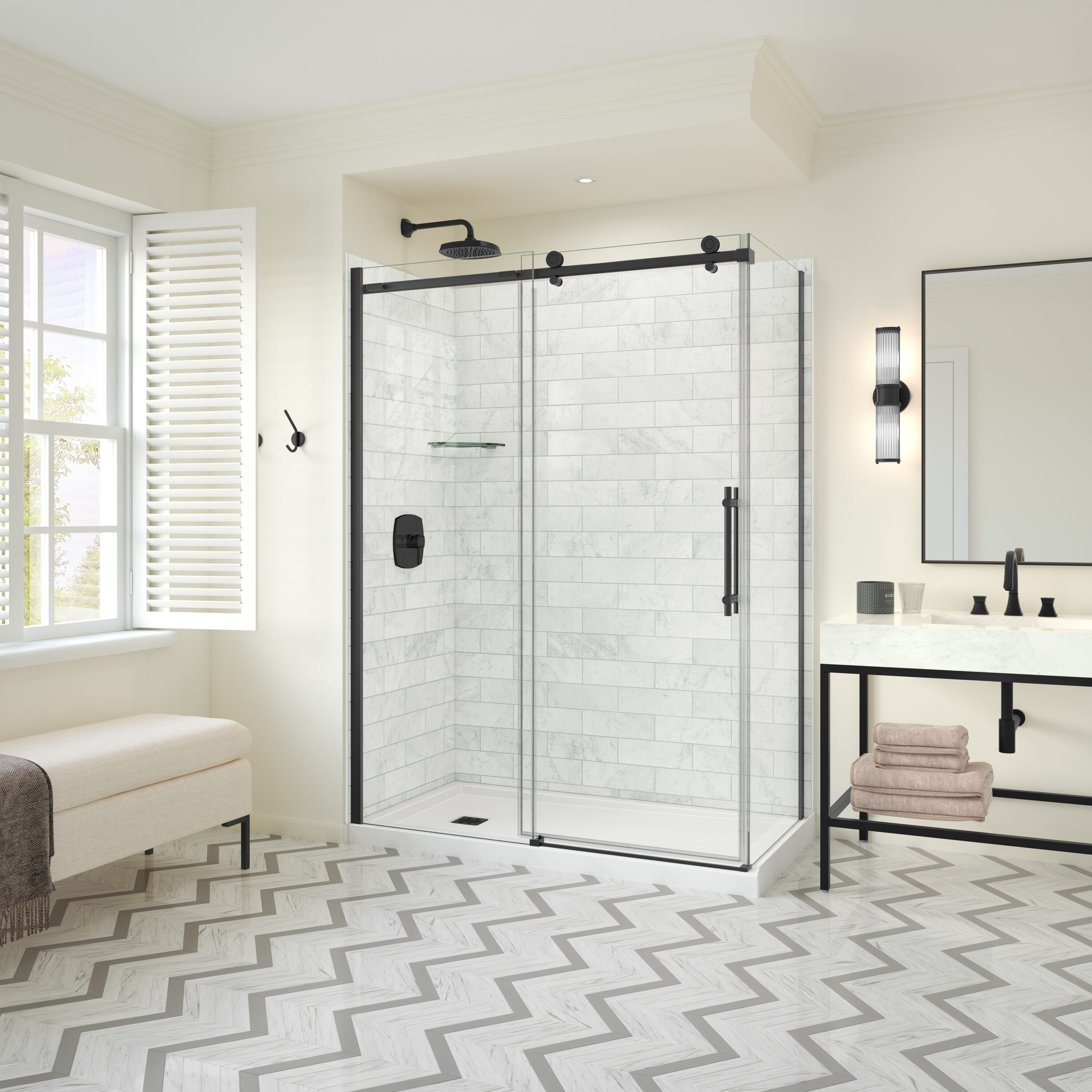 MAAX 107546-900-340-000 Odyssey Matte Black 57-in to 59-in W x 78-in H Frameless Sliding Soft Close Shower door 5/16-in Thick Clear Glass