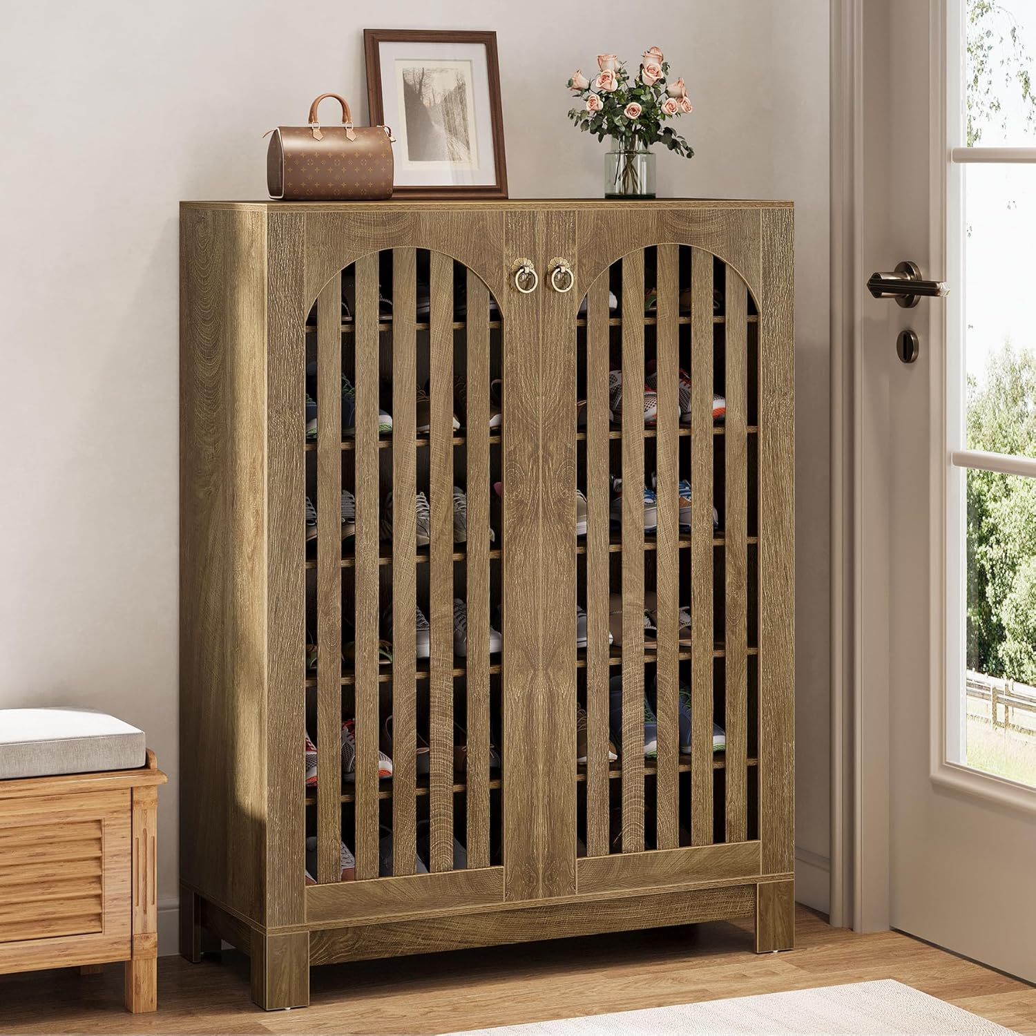 Tribesigns Shoe Cabinet with Airy Doors 6 Tier Entryway Shoe Storage Rack Organizer with Adjustable Shelves for Living Room Bedroom Oak Wooden #LWOYJL-0645YY