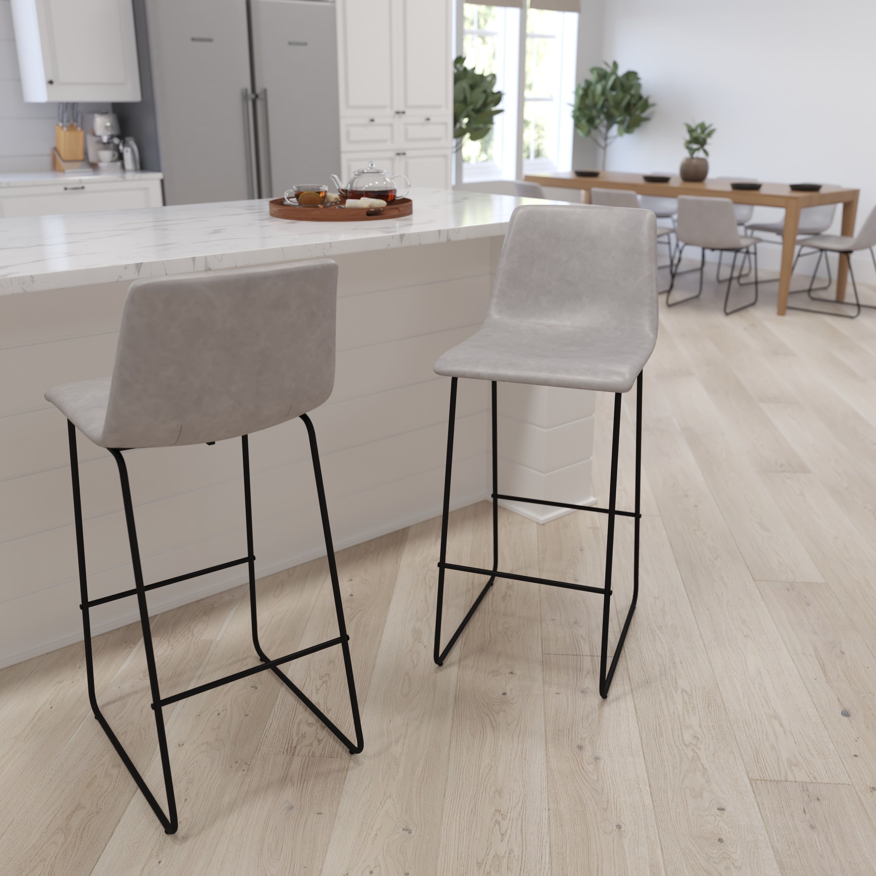 Merrick Lane 889142961093 Carrollton 30 inch Faux Leather Bar Height Bucket Seat Stools in Light Gray; Set of 2