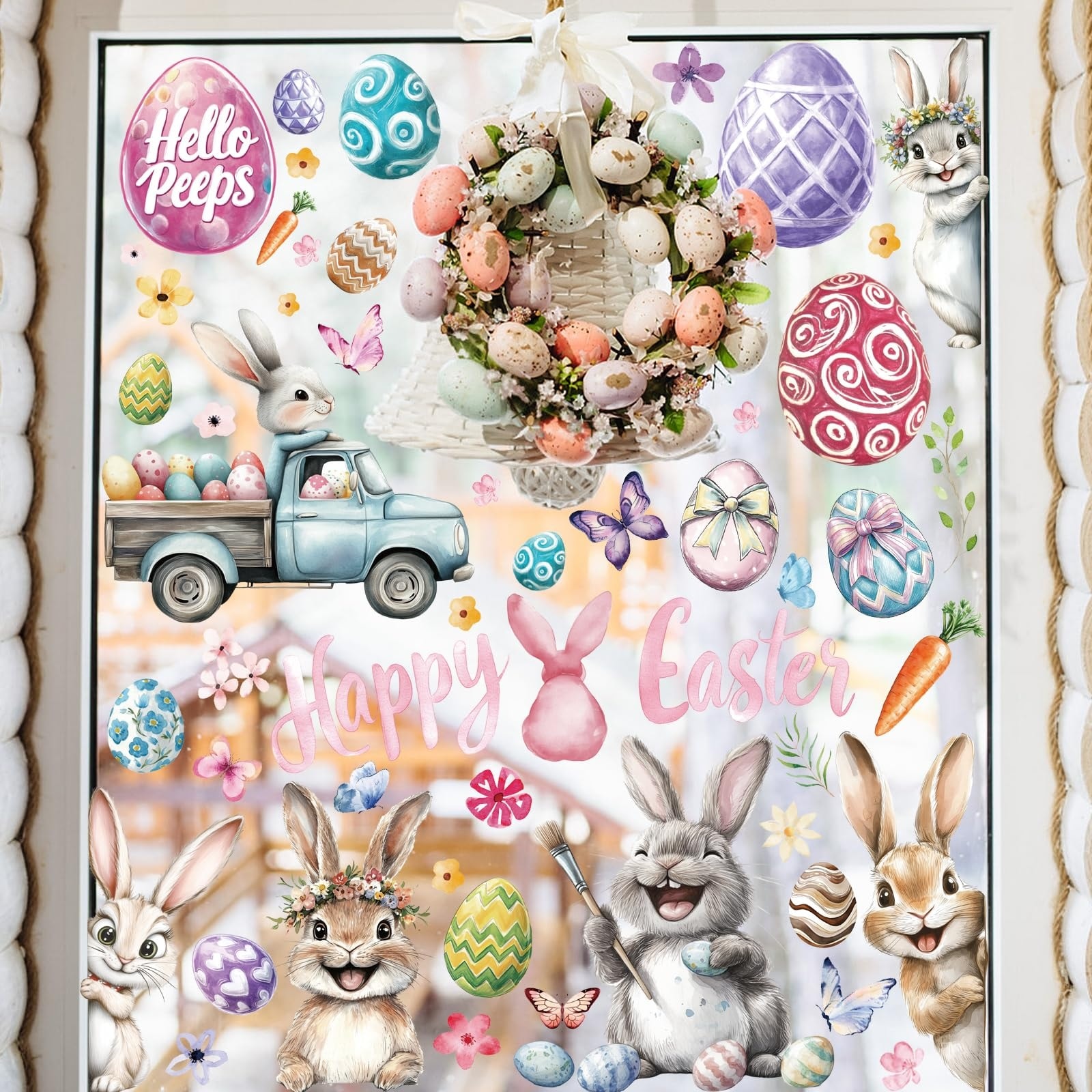 LAIFUCAM  Easter Window Clings 9 Sheet 118 pcs Double Sided Bunny Egg Butterfly Floral Decals for Home Office School Shop Spring Party