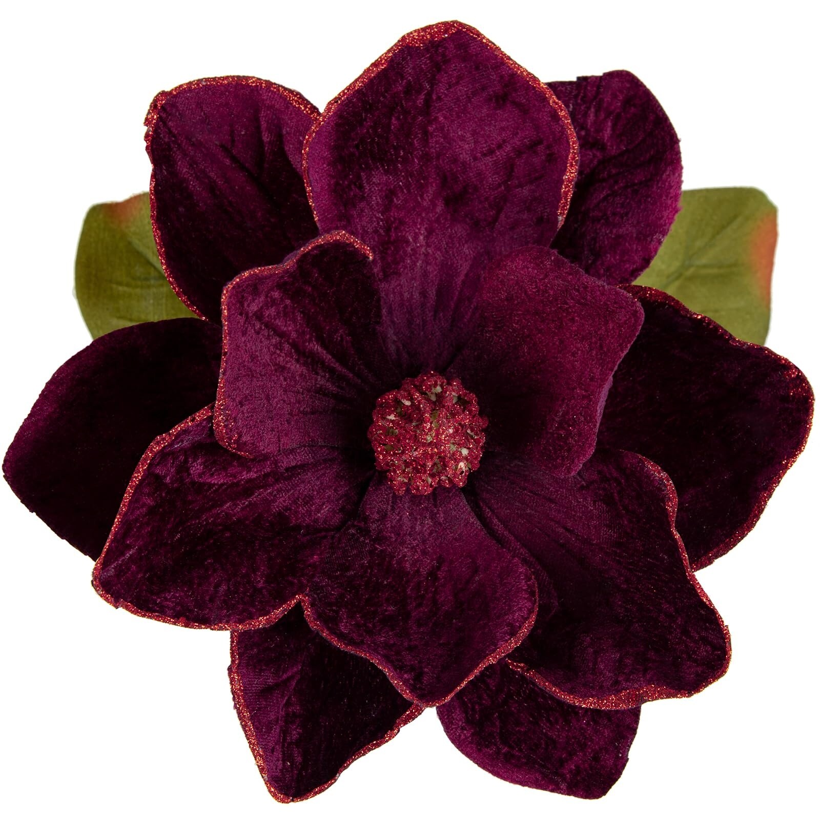 Phewnyzo  Set of 3 Artificial Christmas Magnolia Flowers 30 Inch Long Stem Velvet Petals Glitter Beaded Center Purple for Tree Ornaments Holiday