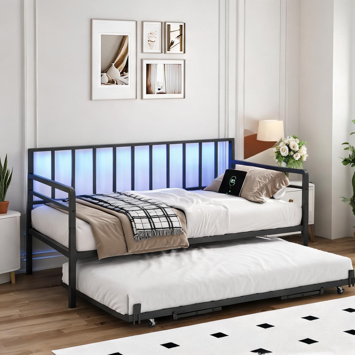 SunJet Sleek Daybed with Trundle RGB LED Lights Charging Station Matte Black
