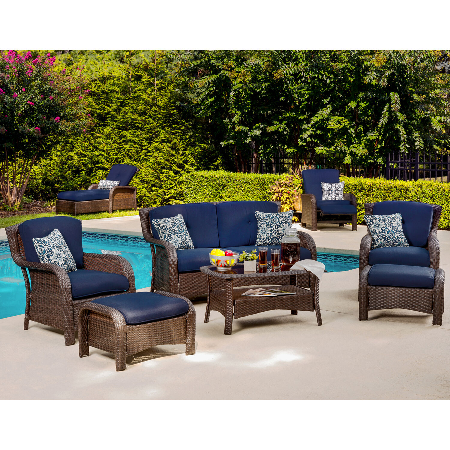 Hanover Strathmere 6-Piece Wicker Patio Conversation Set with Blue ...