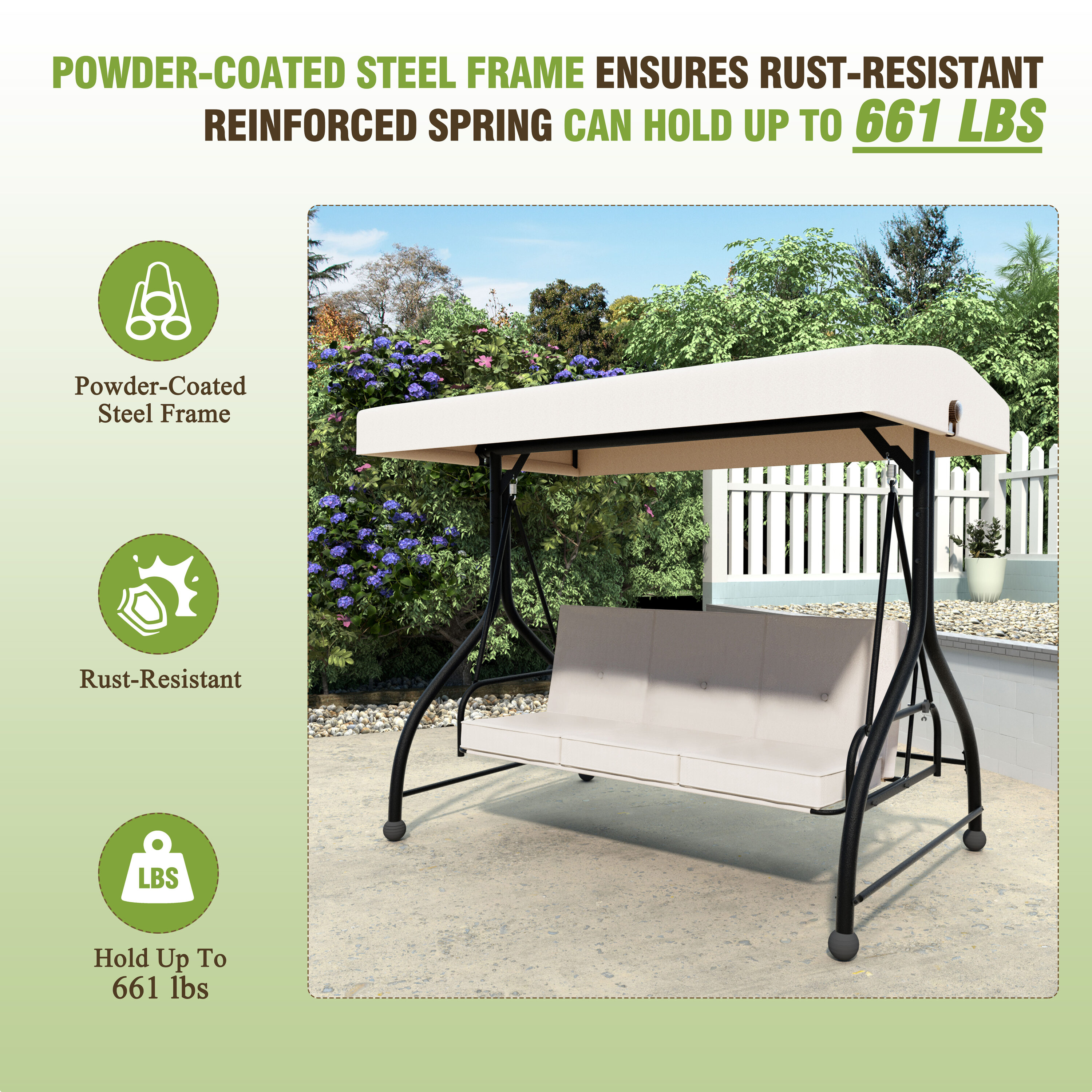 VEIKOUS 2-In-1 Convertible Swing 3-person Off White Steel