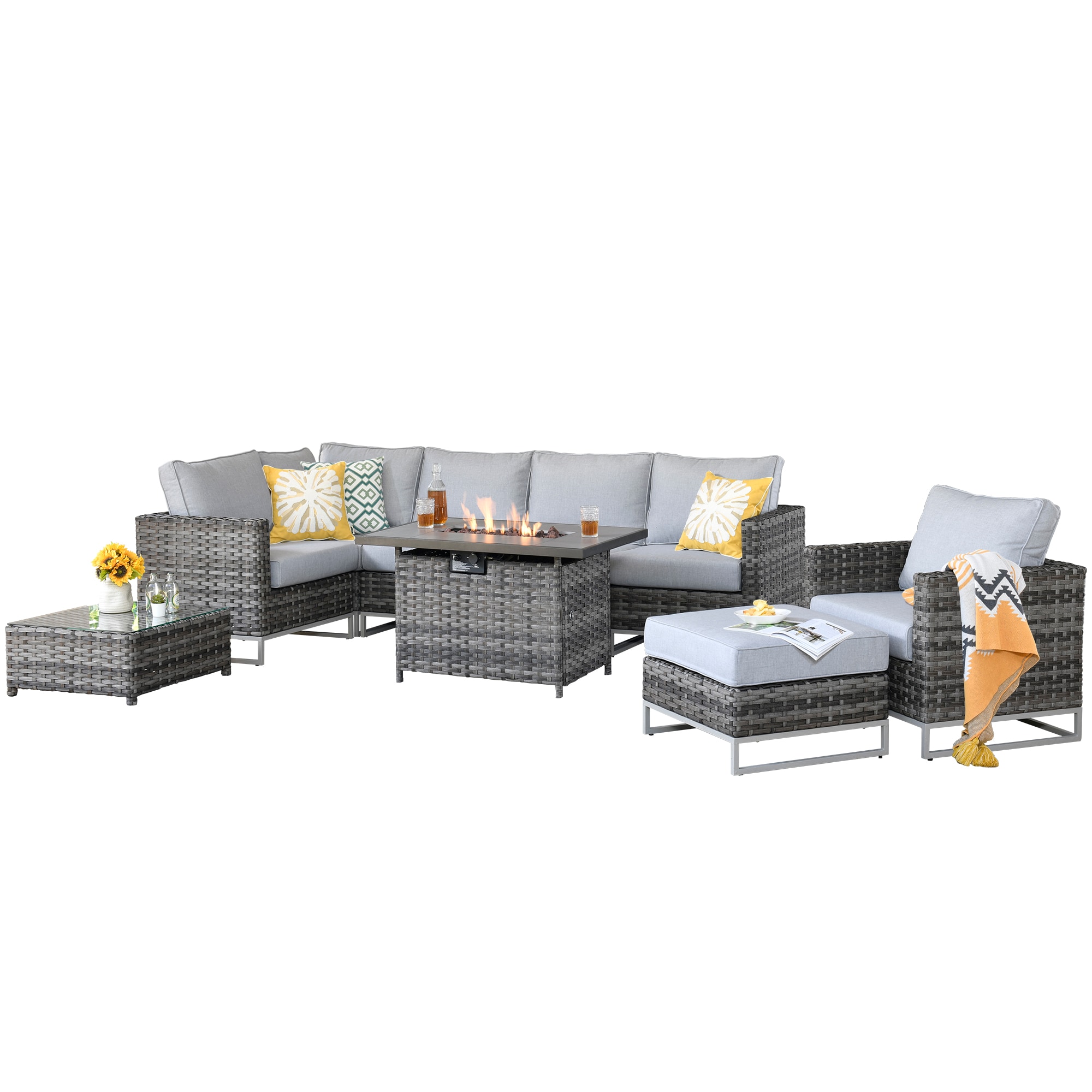 Pouuin SFPGBNZ4H09 9 -Piece Rattan Patio Conversation Set with Gray Olefin Cushions