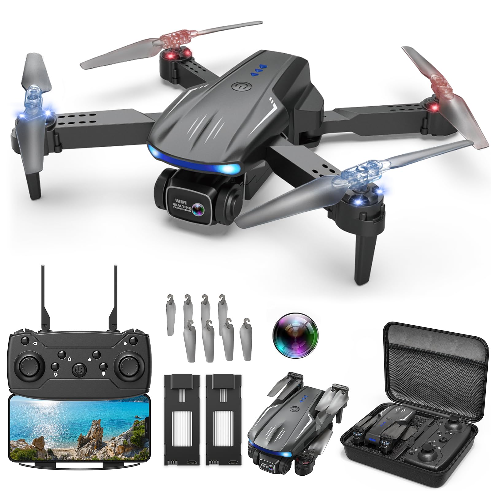 Justincity  Drone with 1080P Camera for Kids Adults Foldable RC Quadcopter with One Key Take Off Land Gesture Selfie 3D Flip 2 power cells