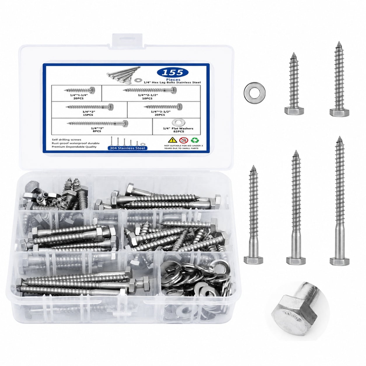 UUDULY  1/4 by 1 to 3 inch Hex Lag Screws Heavy Duty Wood Screws and Washers Assortment Kit Stainless Steel 304 155 Pieces