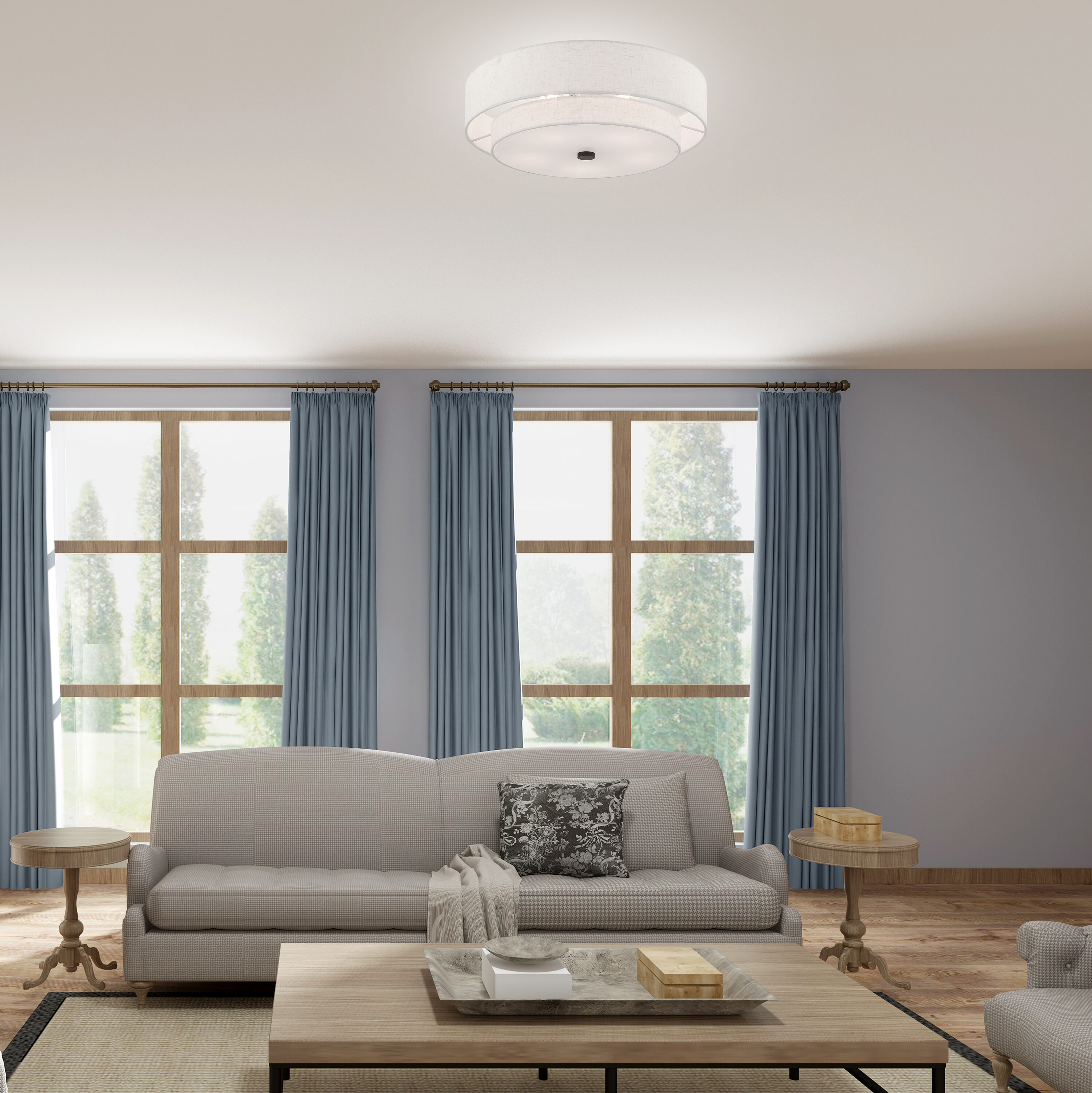 English Bronze Double Drum Semi-Flush Mount Light