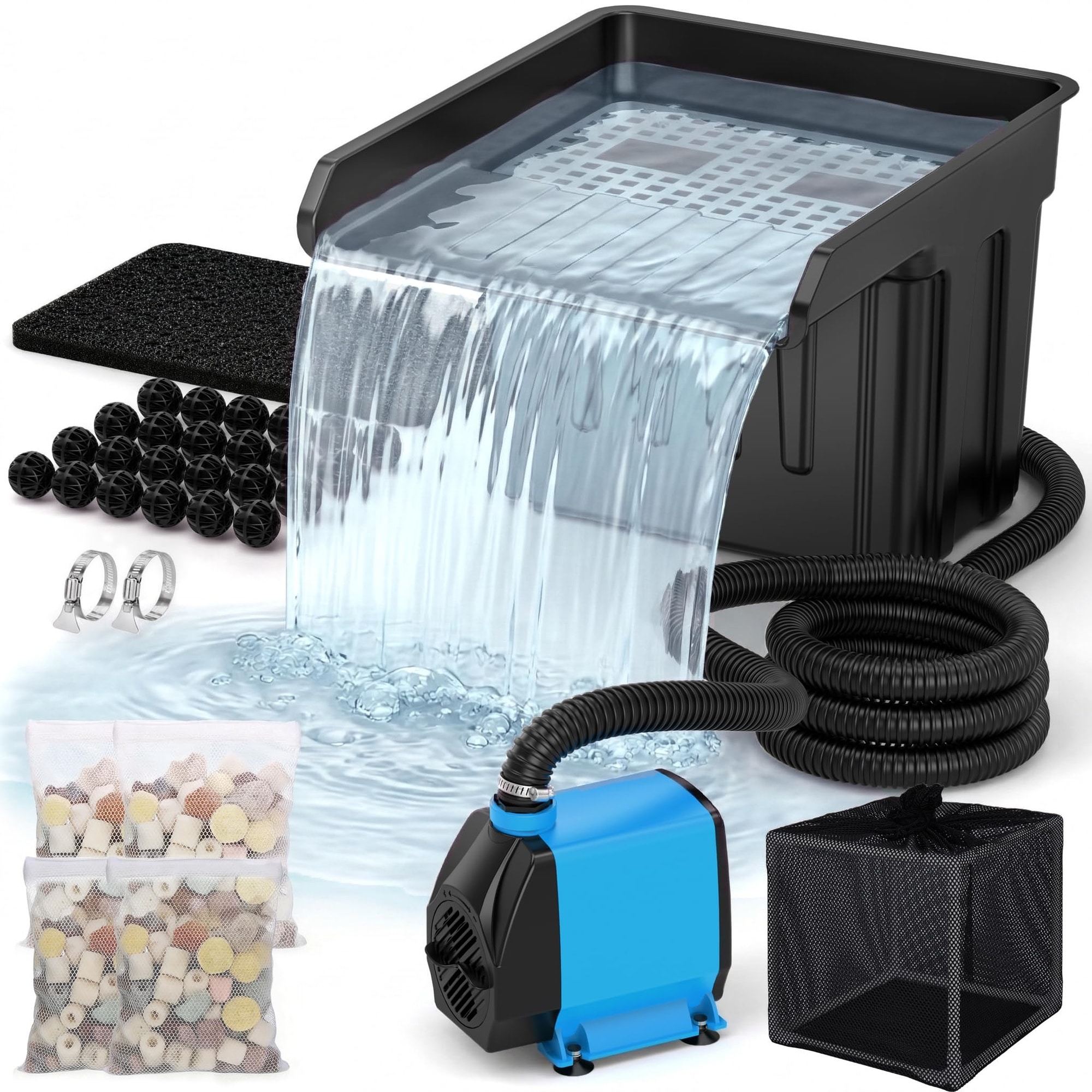 AKSCYZM -  Pond Waterfall Spillway Kit with 980GPH Quiet Pond Pump and Filter Cage 13 Foot Corrug...