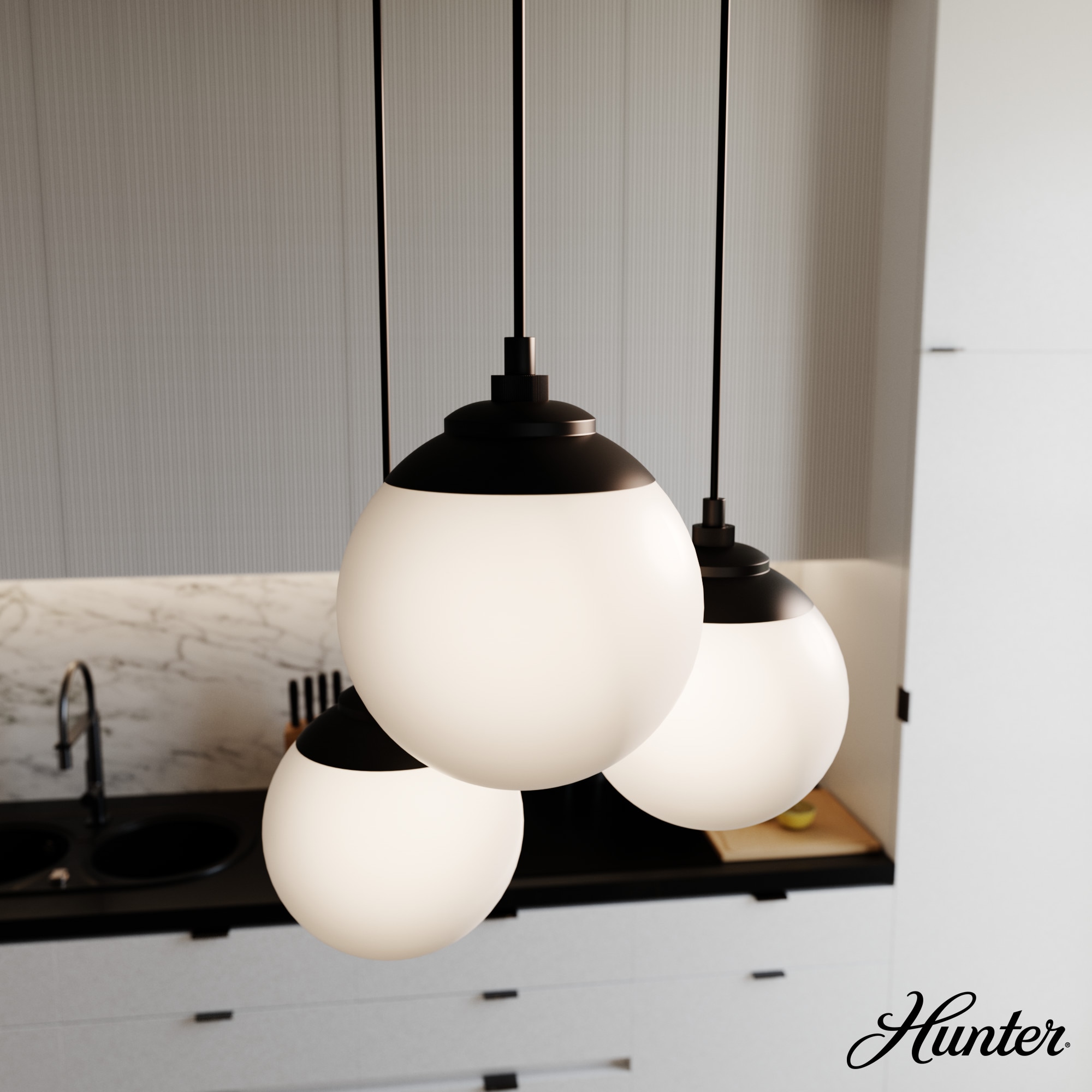 Hunter 19757 Hepburn 3 -Light Matte Black Mid-century Globe Mini Hanging Pendant light
