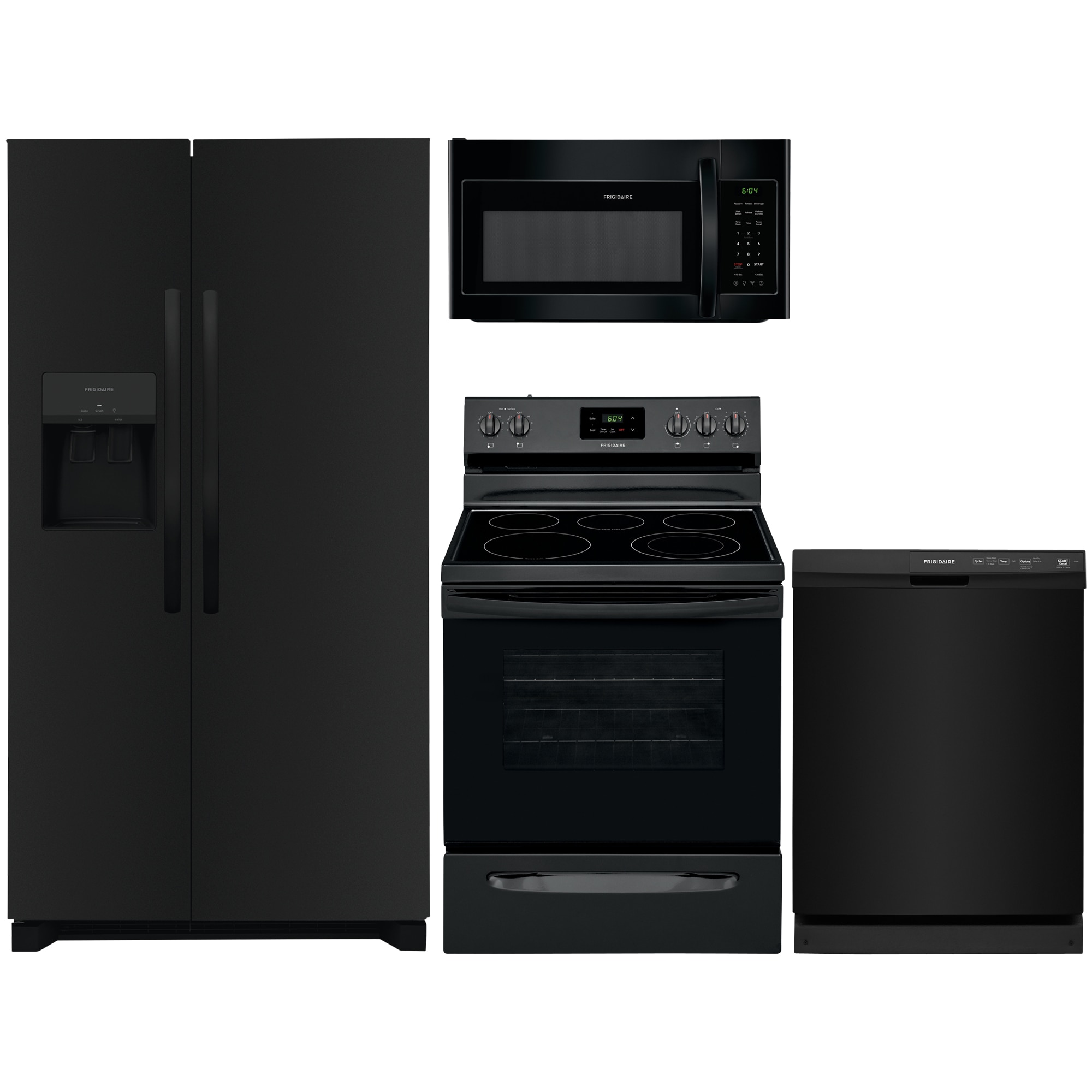 frigidaire side-by-side refrigerator & electric range suite in black
